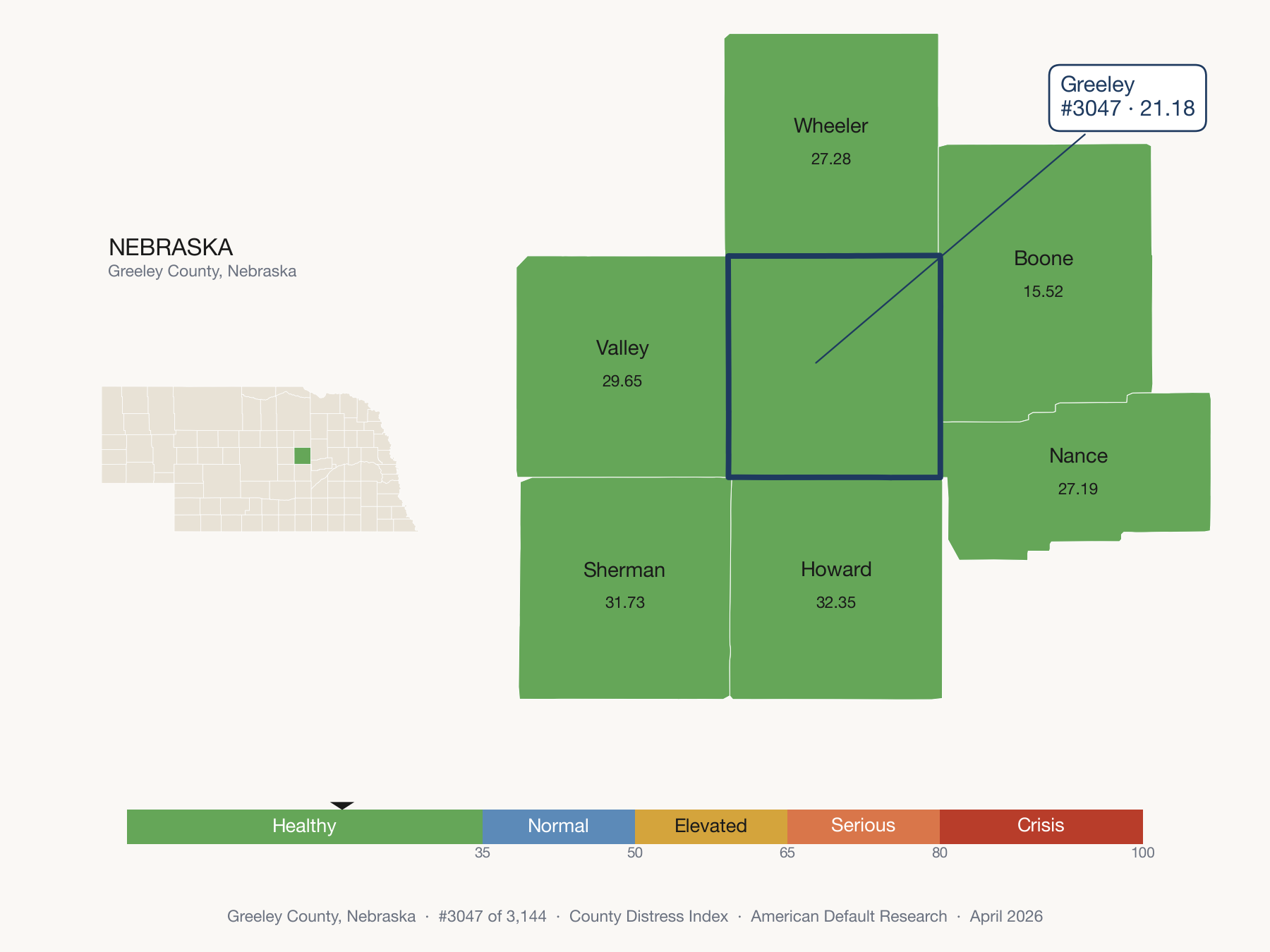 County Distress Index cluster map. Greeley County, Nebraska and its neighbors colored by distress fifth.
