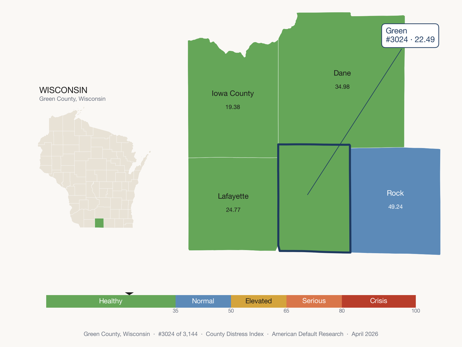 County Distress Index cluster map. Green County, Wisconsin and its neighbors colored by distress fifth.