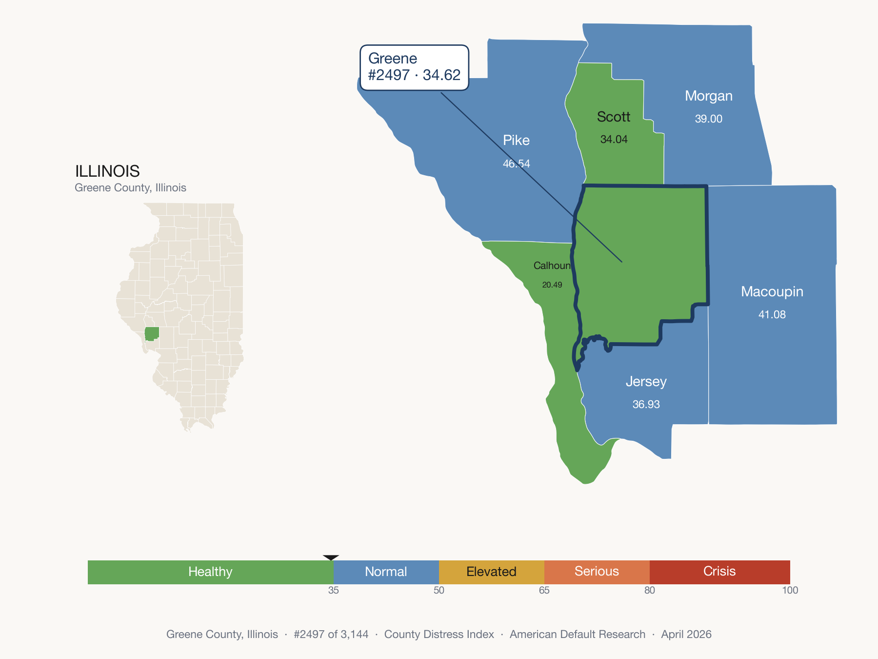 County Distress Index cluster map. Greene County, Illinois and its neighbors colored by distress fifth.