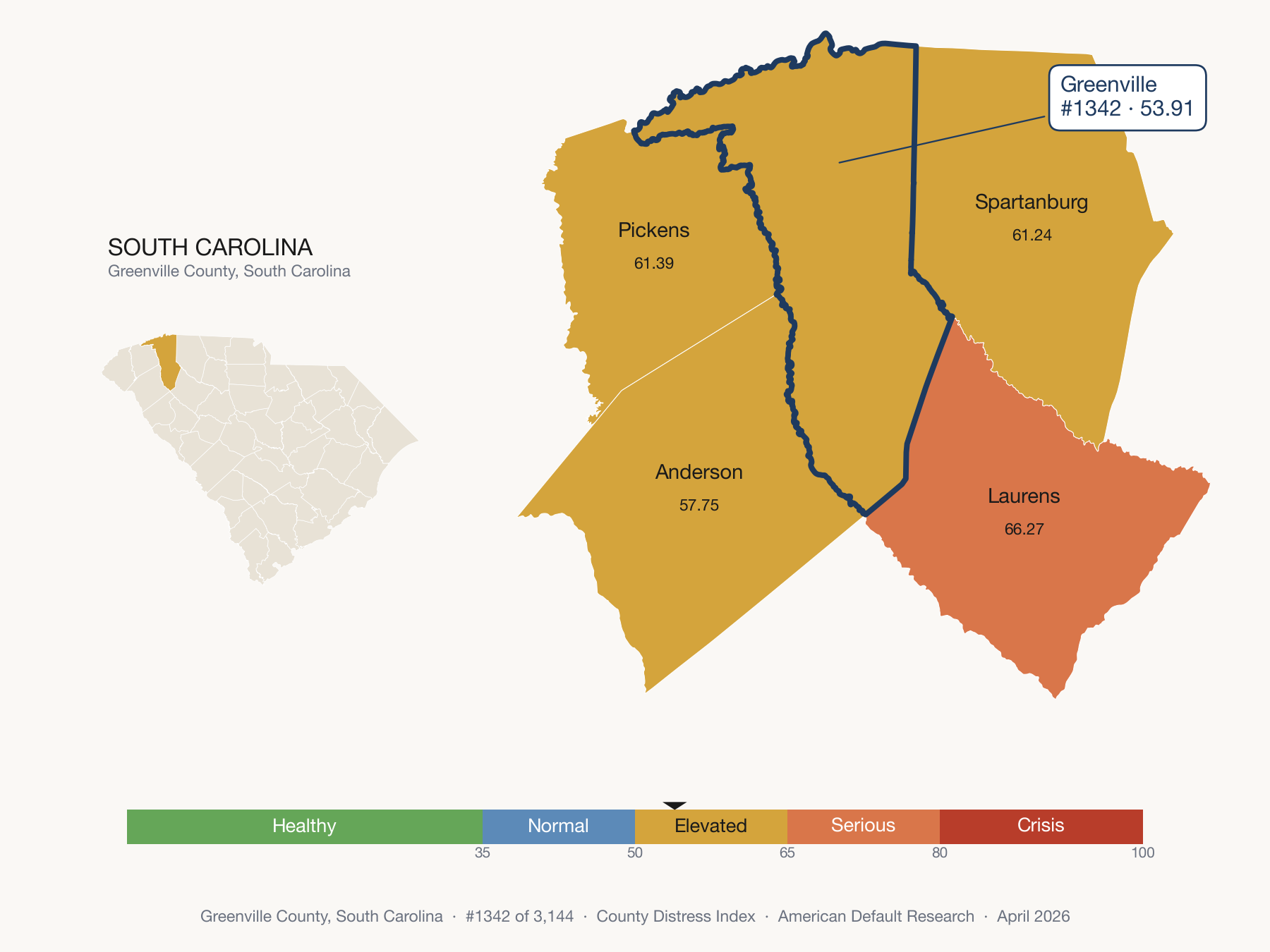 County Distress Index cluster map. Greenville County, South Carolina and its neighbors colored by distress fifth.