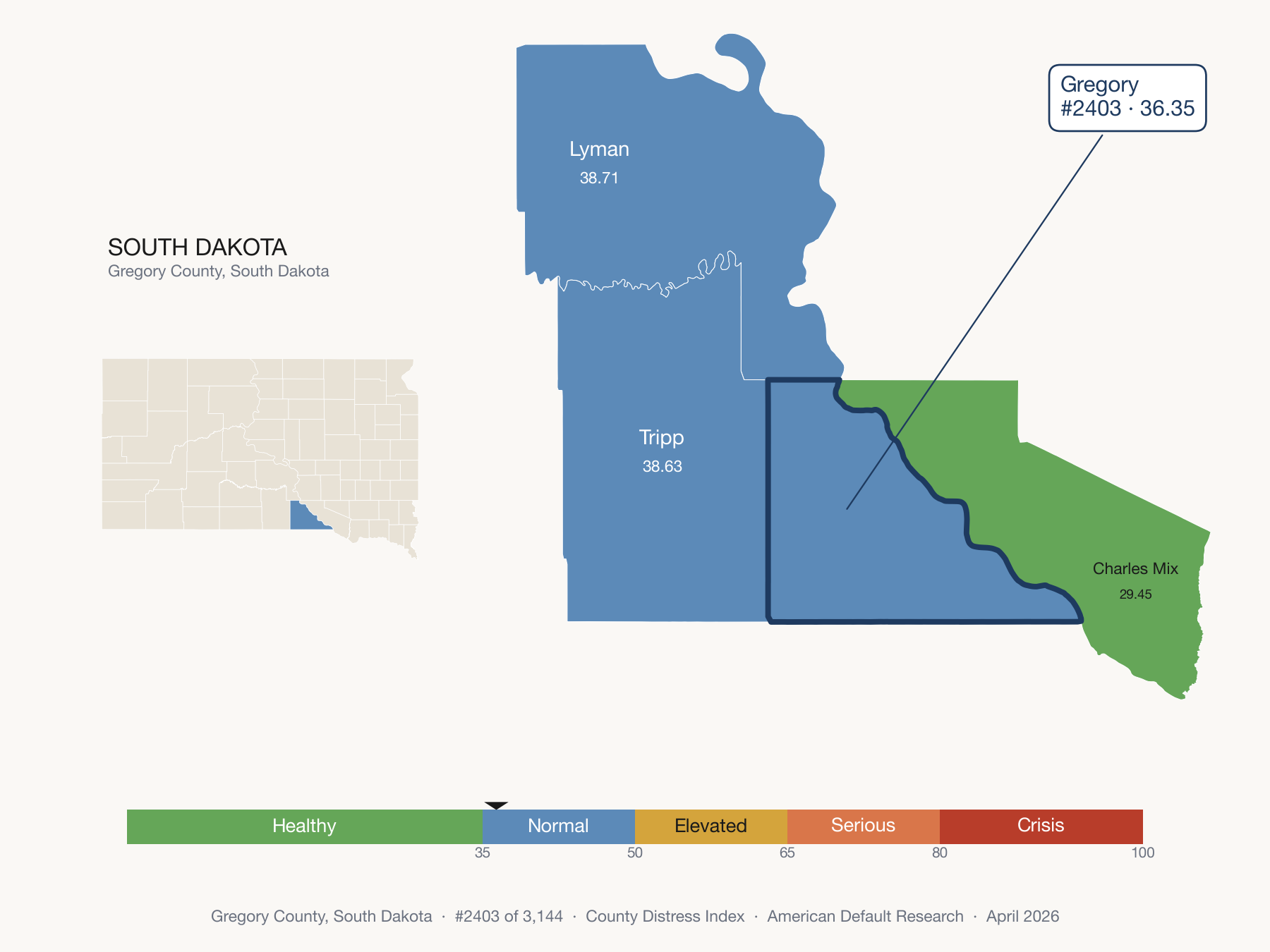 County Distress Index cluster map. Gregory County, South Dakota and its neighbors colored by distress fifth.