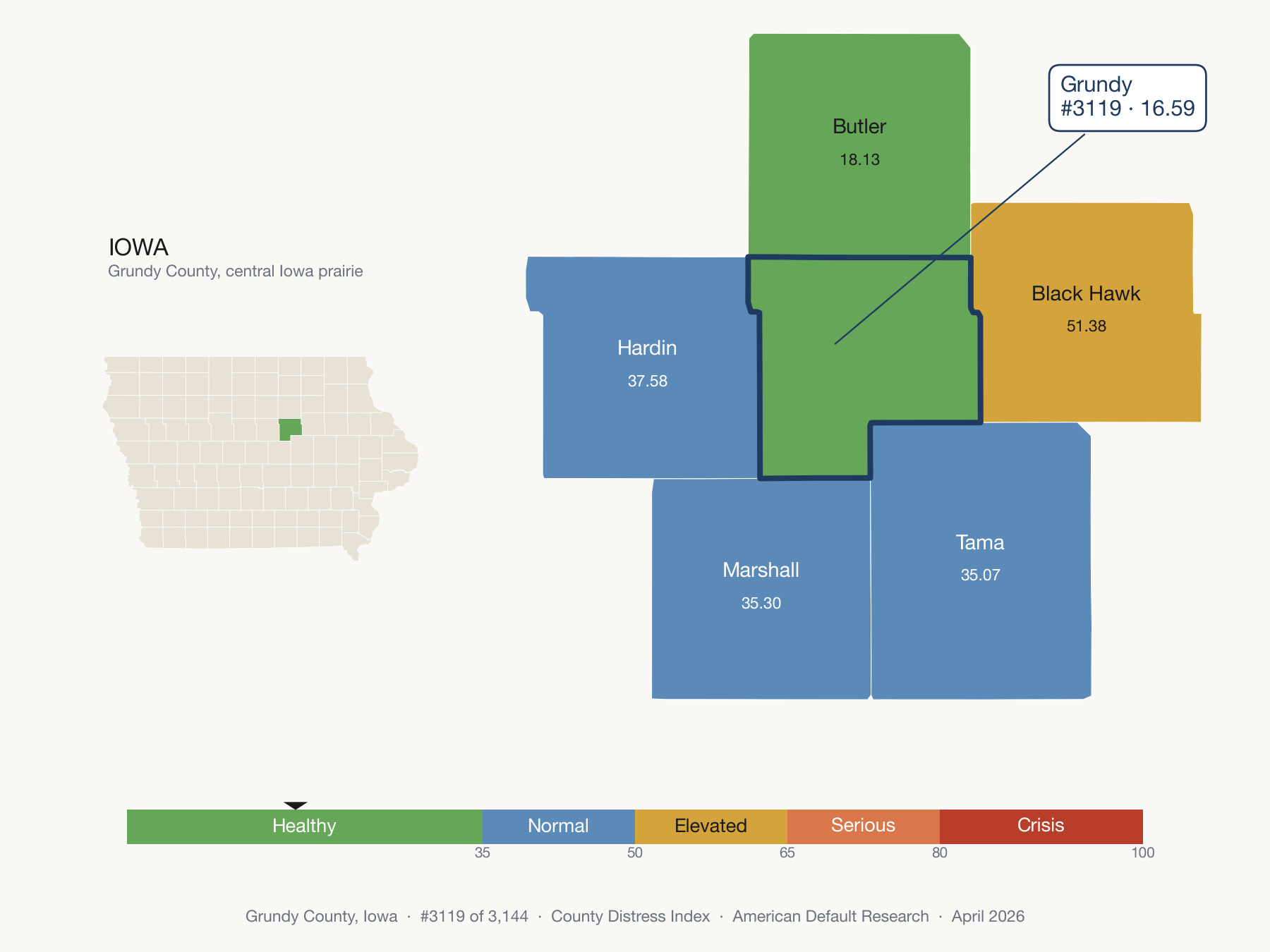 County Distress Index cluster map. Grundy County, Iowa and its neighbors colored by distress fifth.