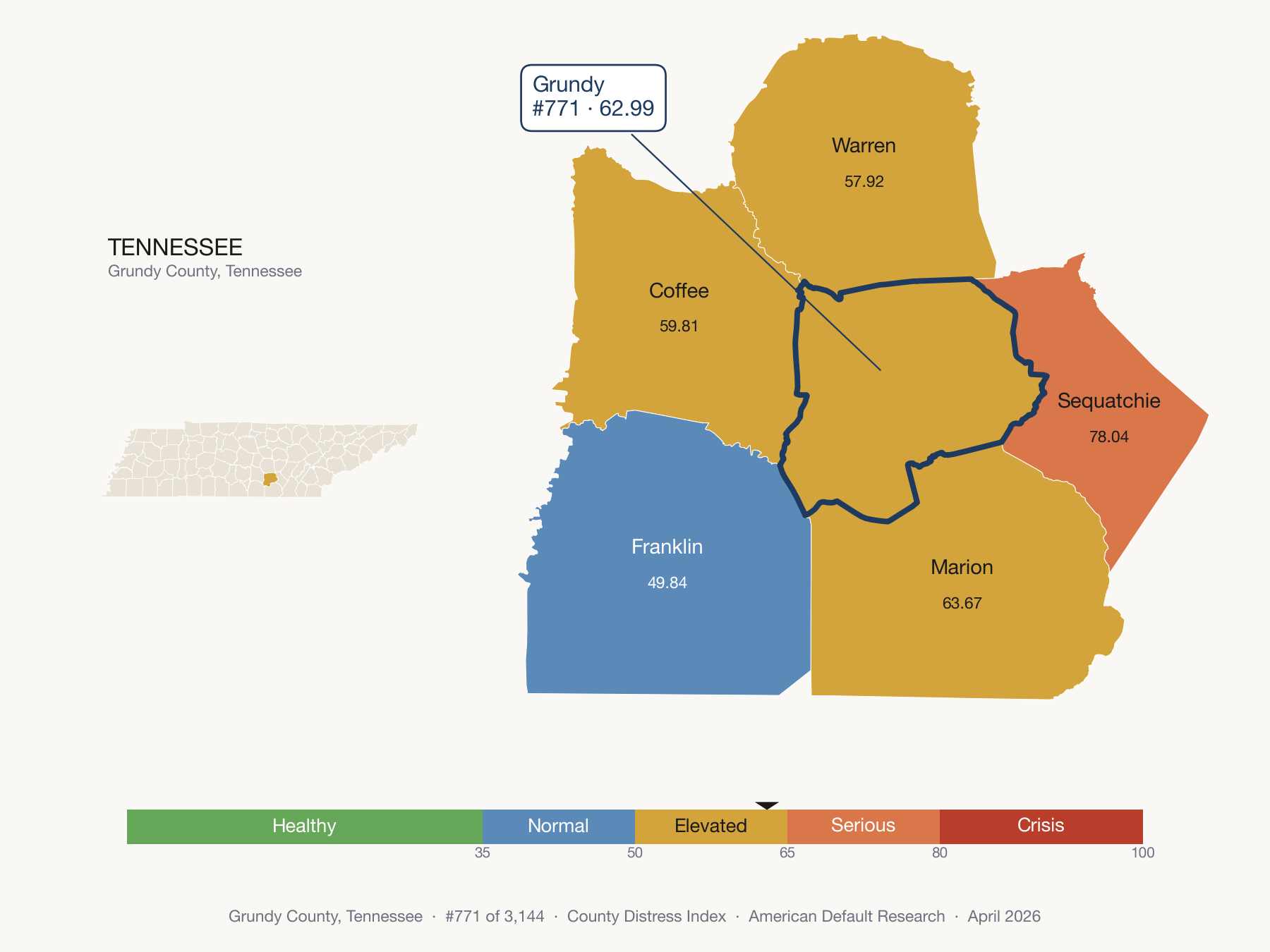 County Distress Index cluster map. Grundy County, Tennessee and its neighbors colored by distress fifth.