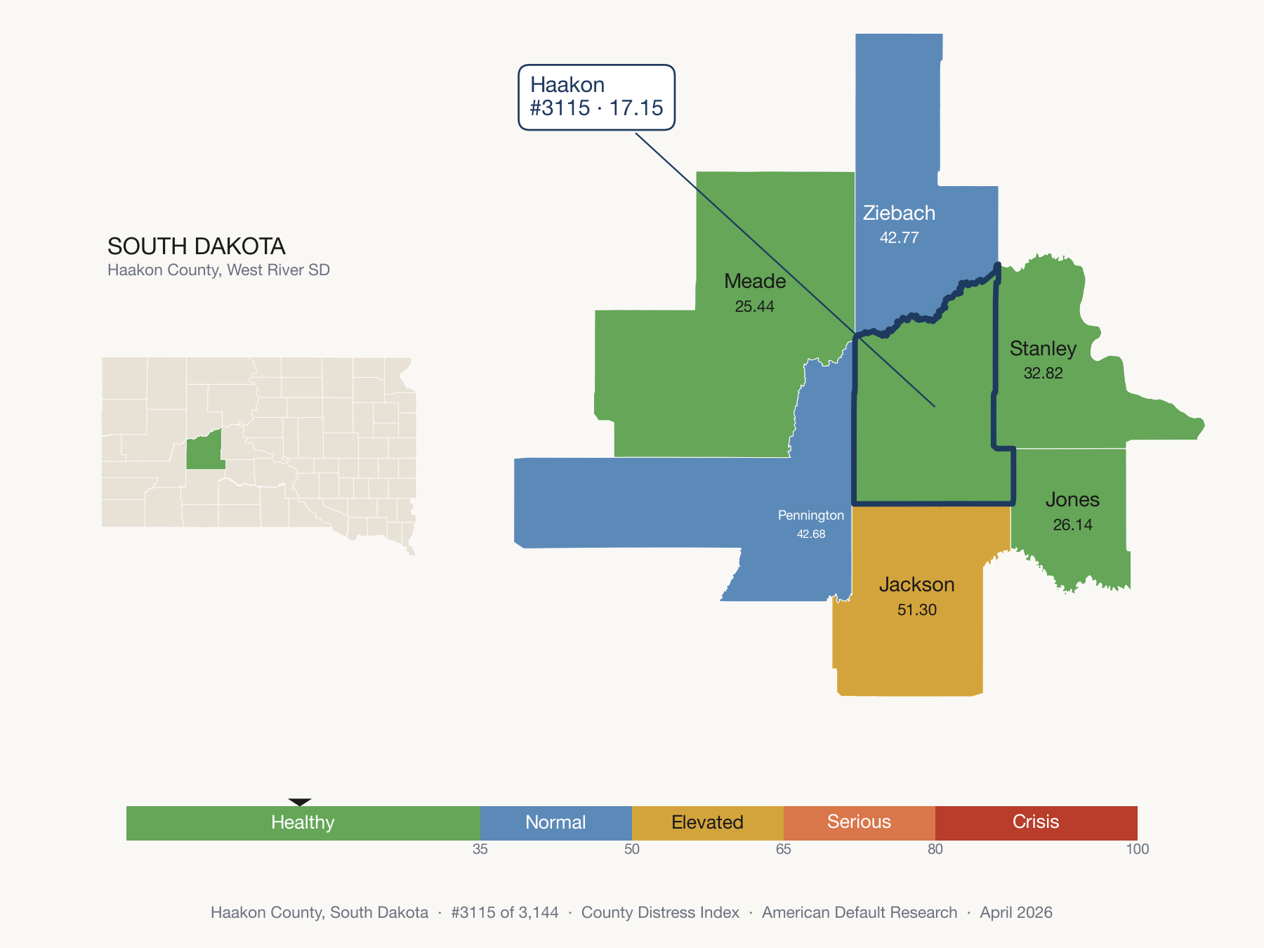 County Distress Index cluster map. Haakon County, South Dakota and its neighbors colored by distress fifth.
