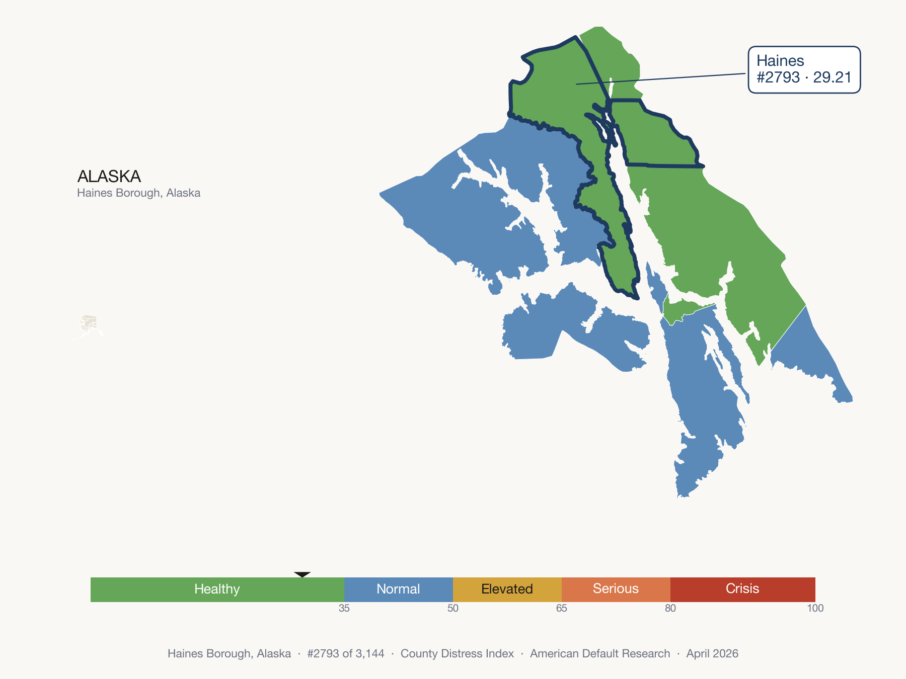 County Distress Index cluster map. Haines Borough, Alaska and its neighbors colored by distress fifth.