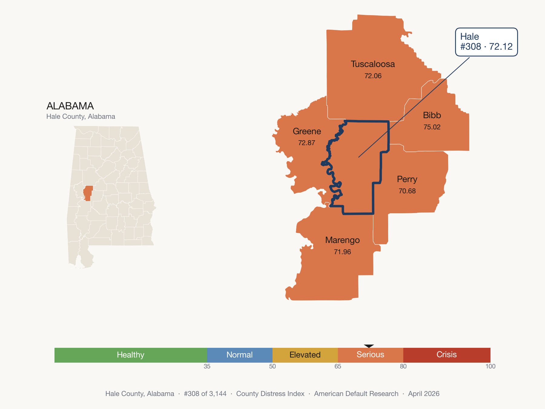 County Distress Index cluster map. Hale County, Alabama and its neighbors colored by distress fifth.