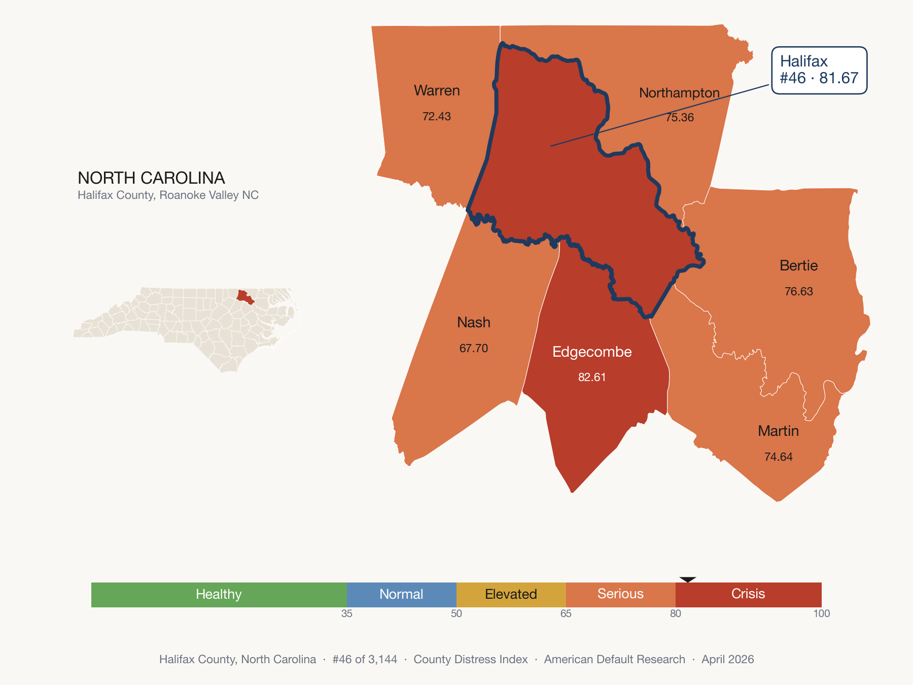 County Distress Index cluster map. Halifax County, North Carolina and its neighbors colored by distress fifth.
