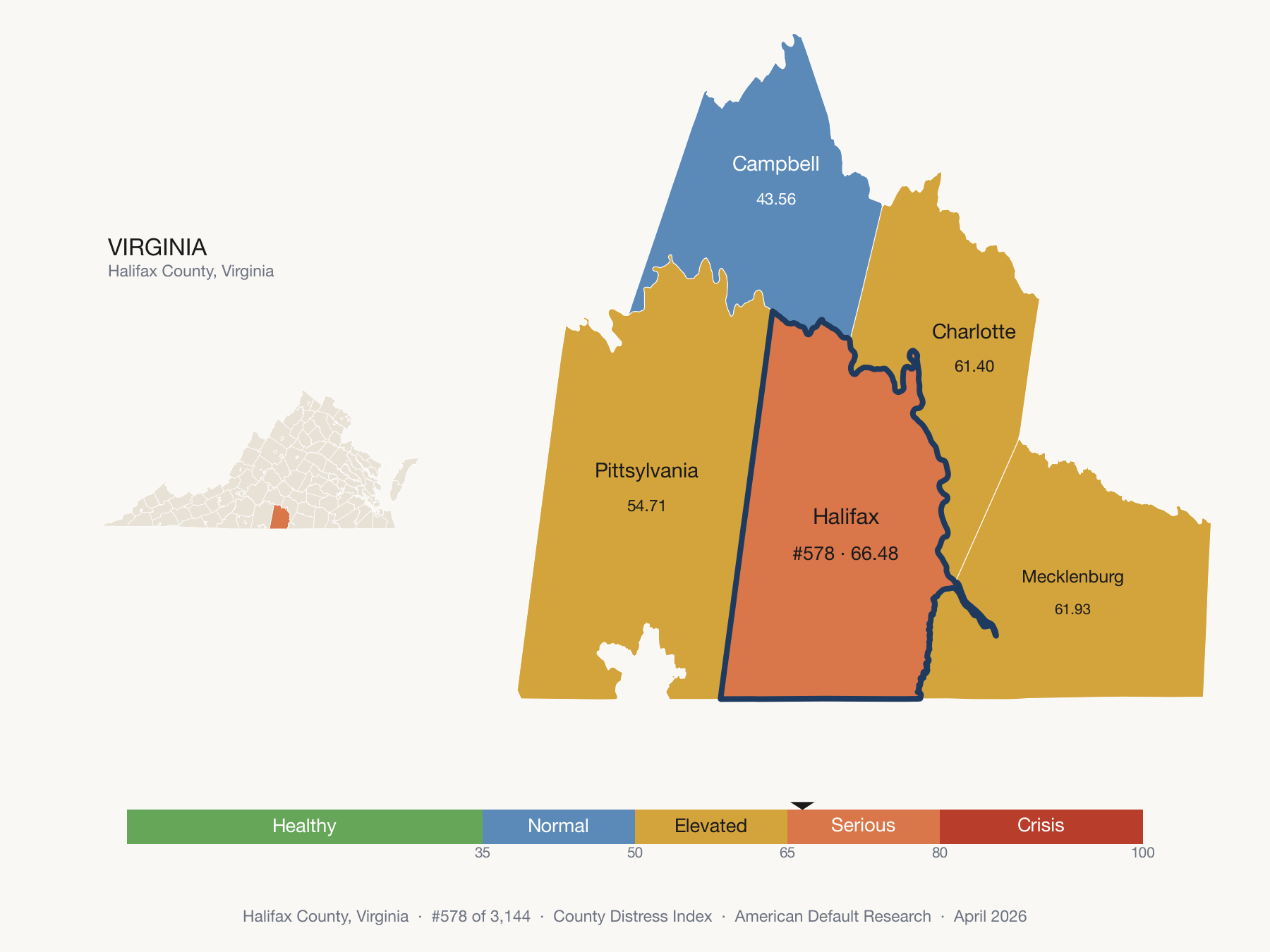 County Distress Index cluster map. Halifax County, Virginia and its neighbors colored by distress fifth.