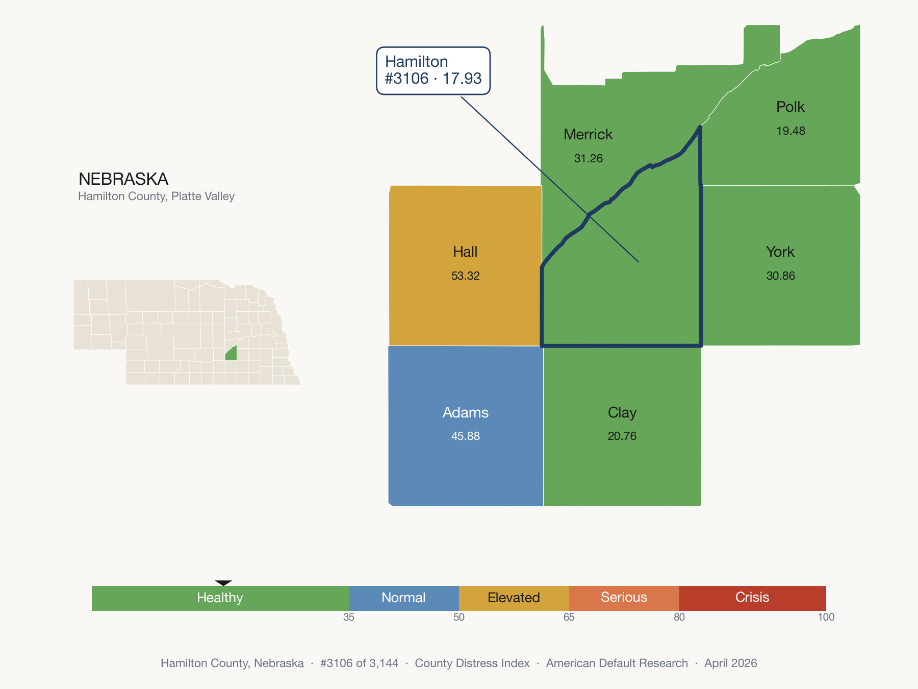 County Distress Index cluster map. Hamilton County, Nebraska and its neighbors colored by distress fifth.