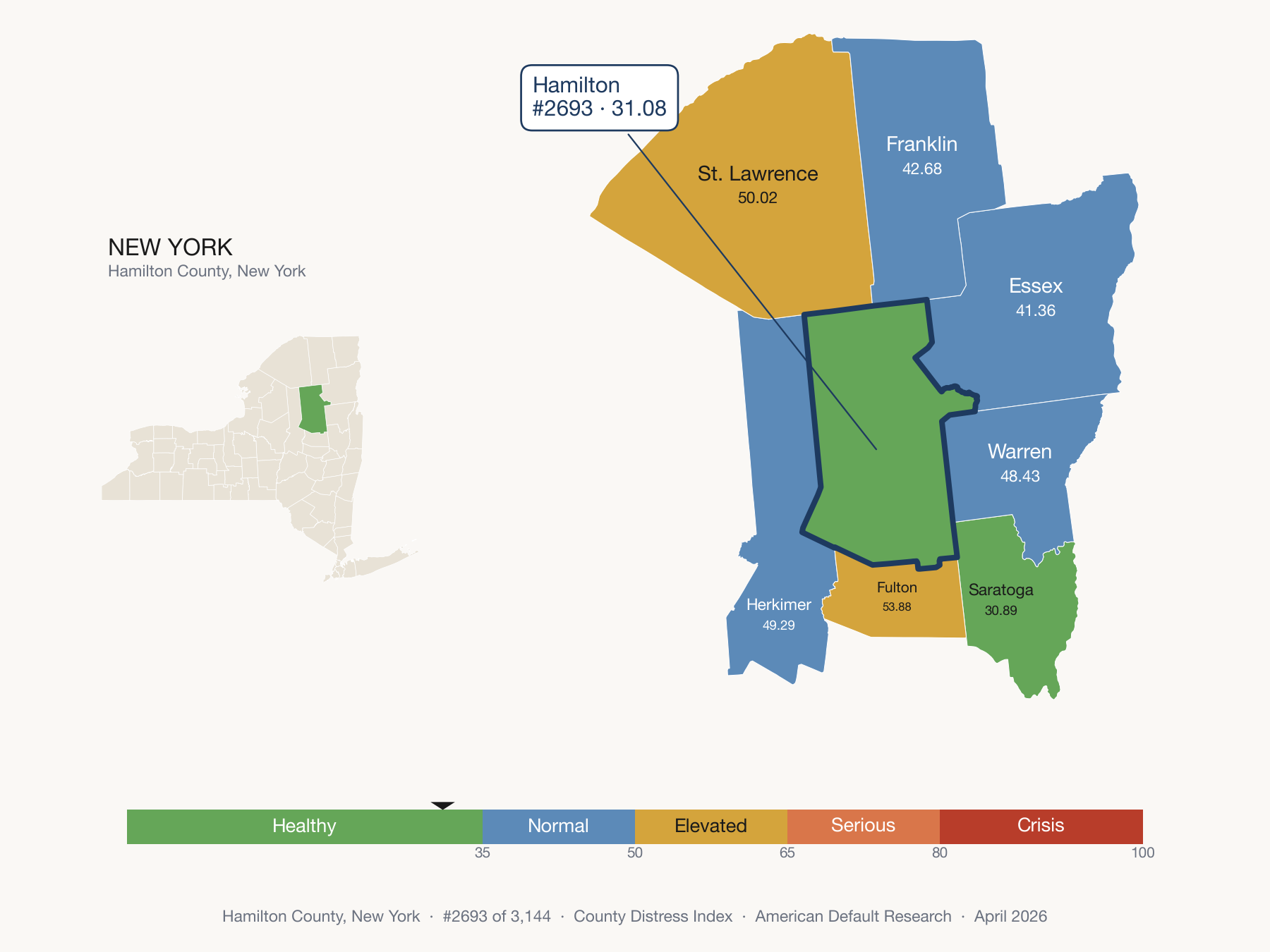 County Distress Index cluster map. Hamilton County, New York and its neighbors colored by distress fifth.