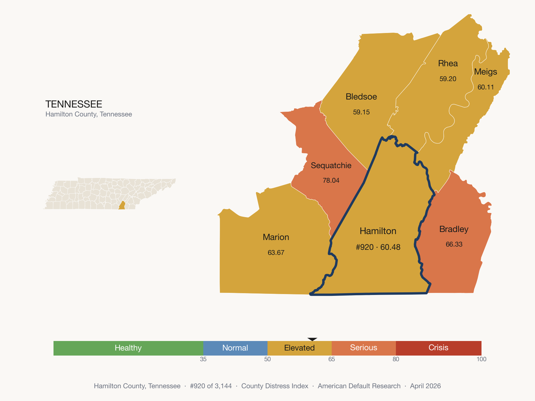 County Distress Index cluster map. Hamilton County, Tennessee and its neighbors colored by distress fifth.