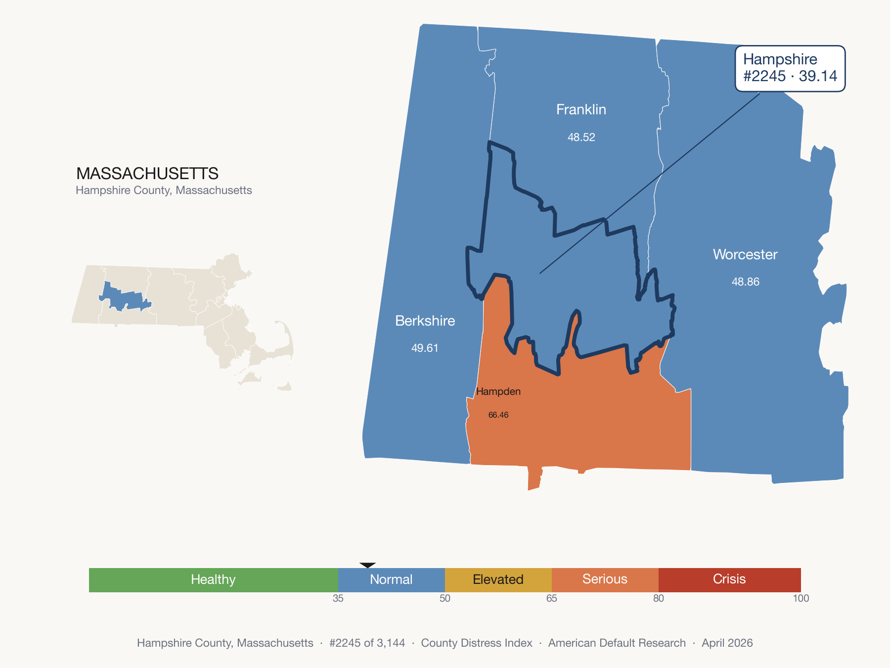 County Distress Index cluster map. Hampshire County, Massachusetts and its neighbors colored by distress fifth.