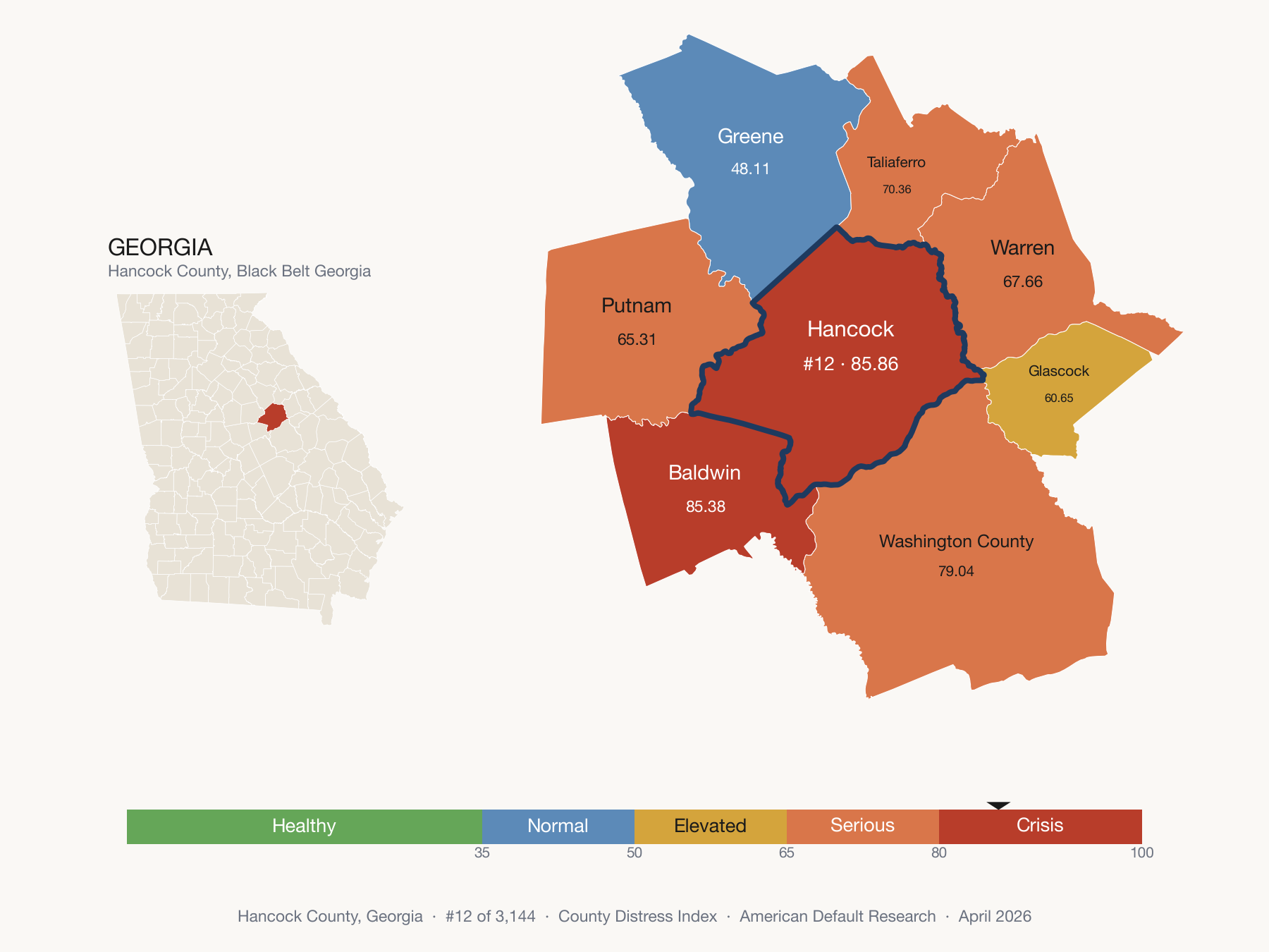 County Distress Index cluster map. Hancock County, Georgia and its neighbors colored by distress fifth.