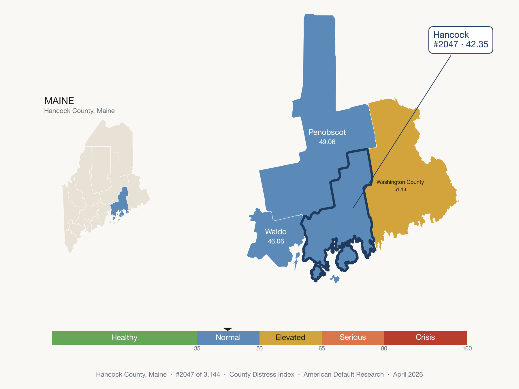 County Distress Index cluster map. Hancock County, Maine and its neighbors colored by distress fifth.