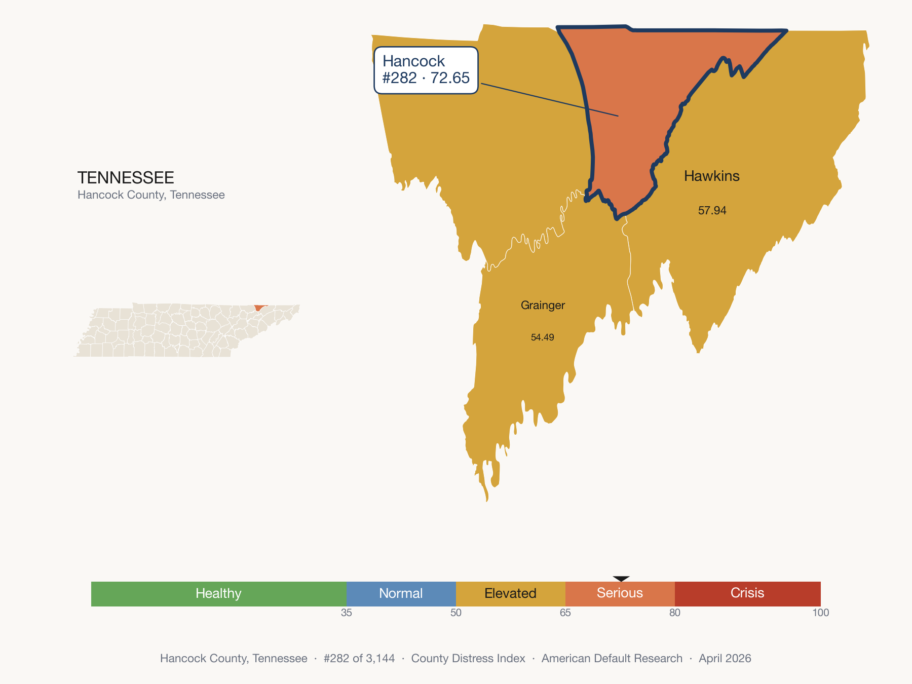 County Distress Index cluster map. Hancock County, Tennessee and its neighbors colored by distress fifth.