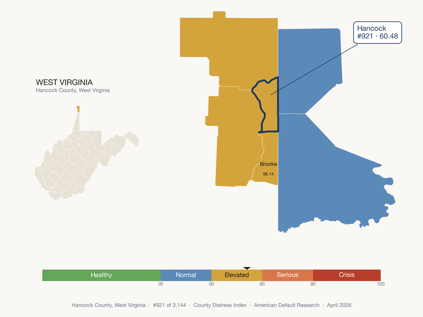 County Distress Index cluster map. Hancock County, West Virginia and its neighbors colored by distress fifth.