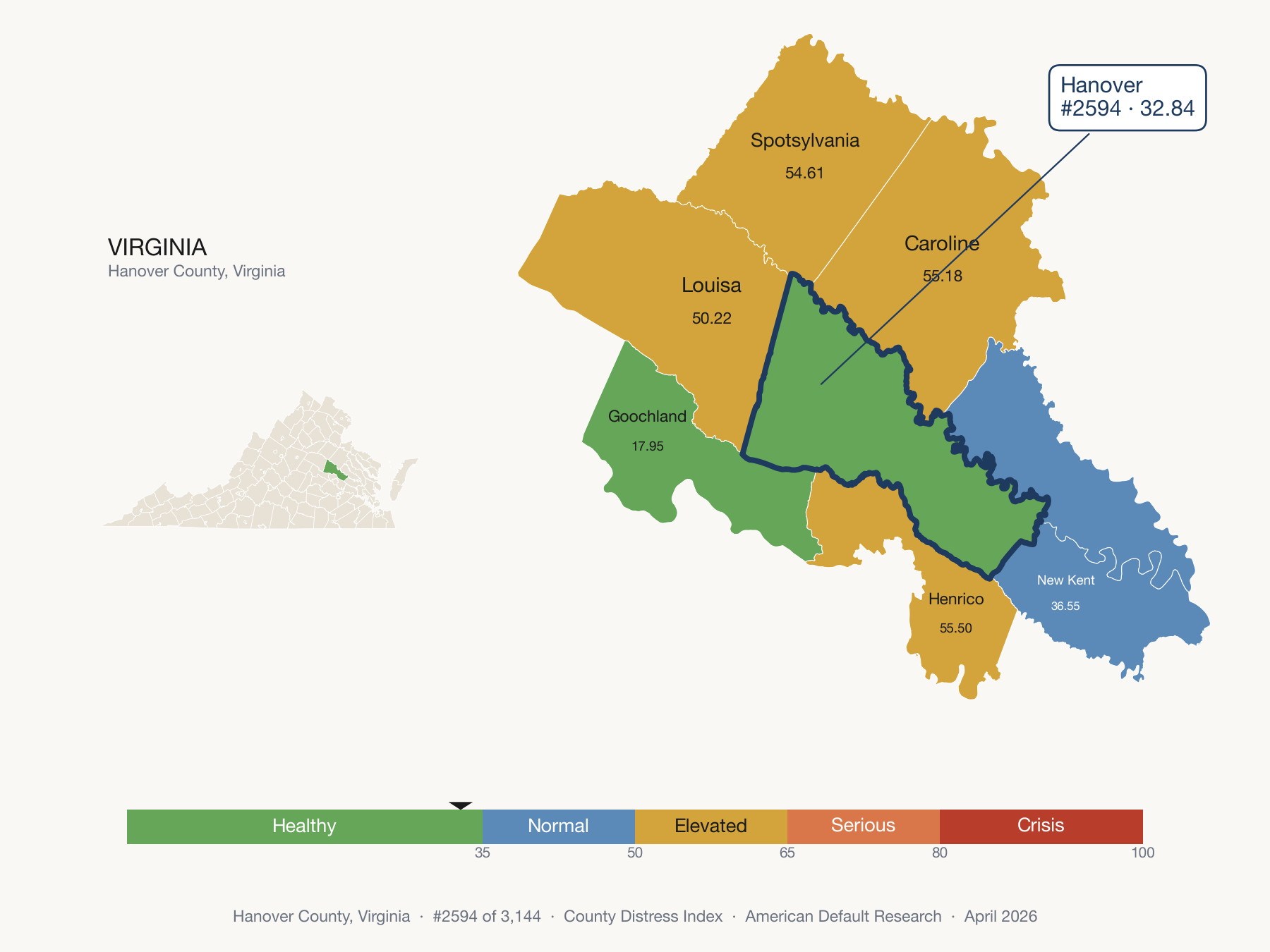 County Distress Index cluster map. Hanover County, Virginia and its neighbors colored by distress fifth.