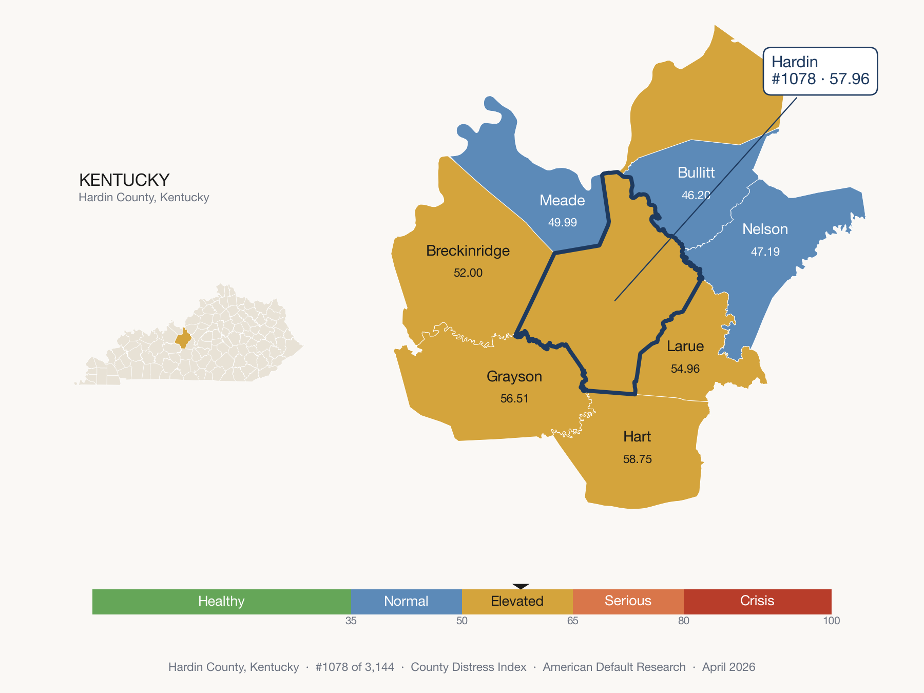 County Distress Index cluster map. Hardin County, Kentucky and its neighbors colored by distress fifth.