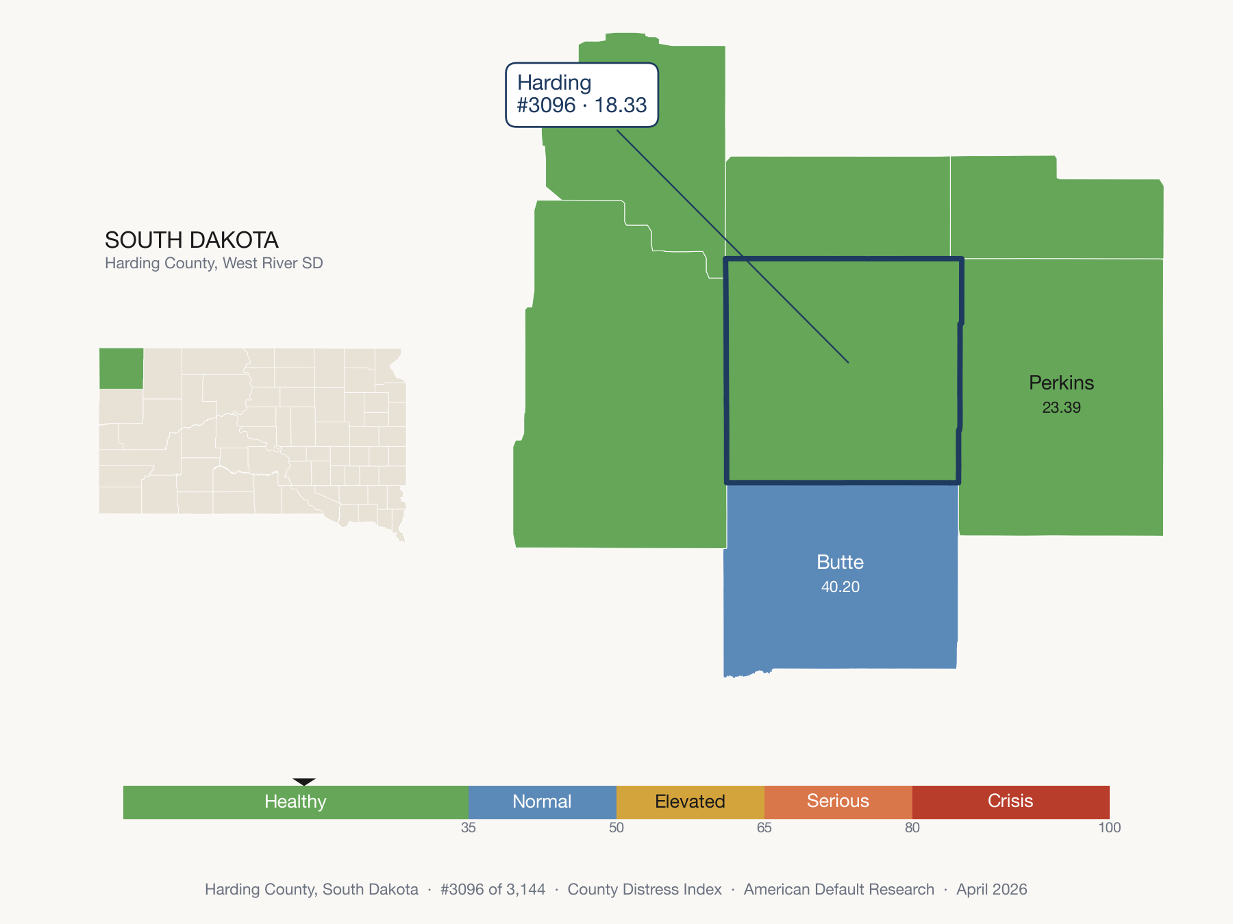 County Distress Index cluster map. Harding County, South Dakota and its neighbors colored by distress fifth.