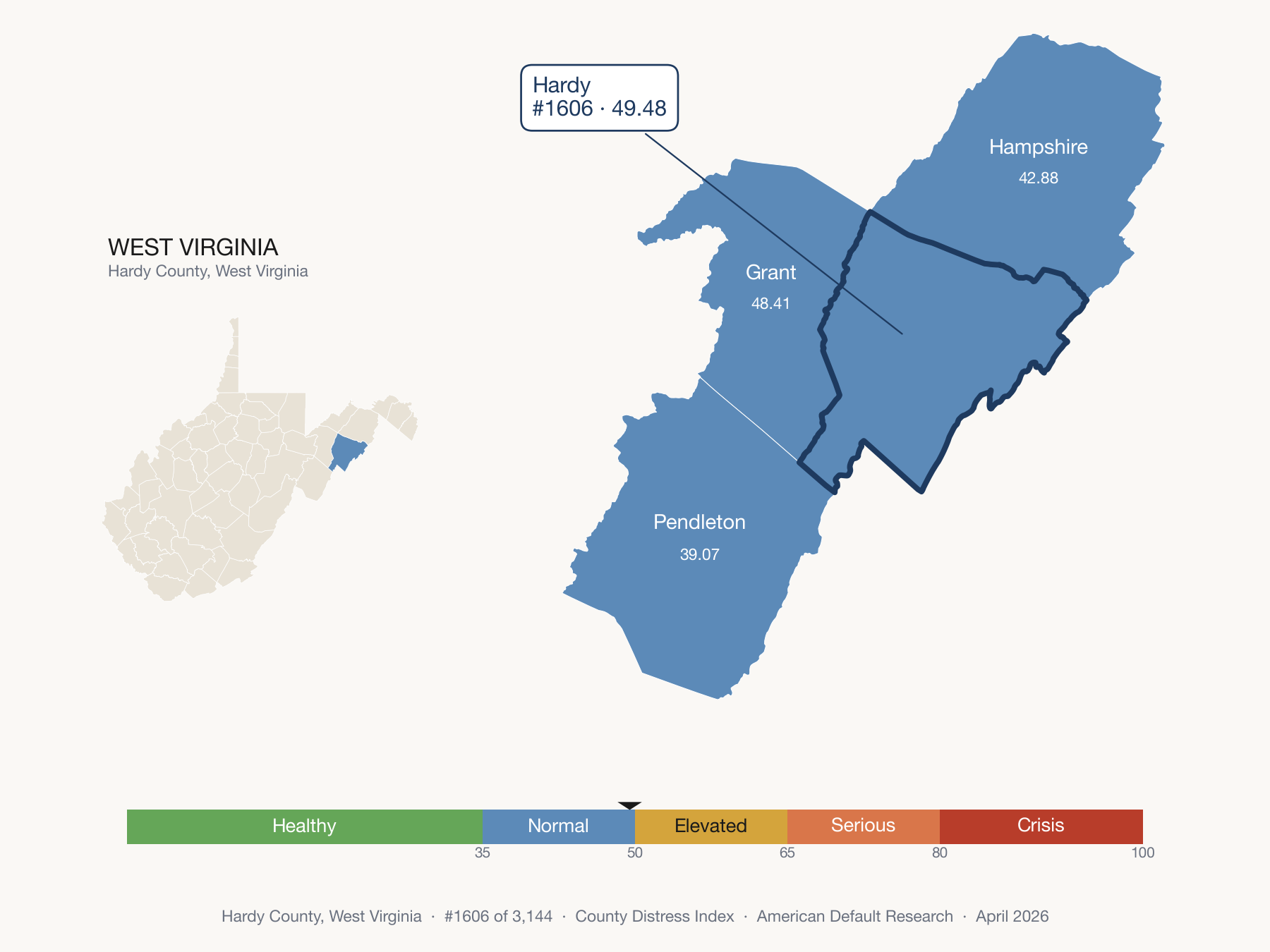 County Distress Index cluster map. Hardy County, West Virginia and its neighbors colored by distress fifth.