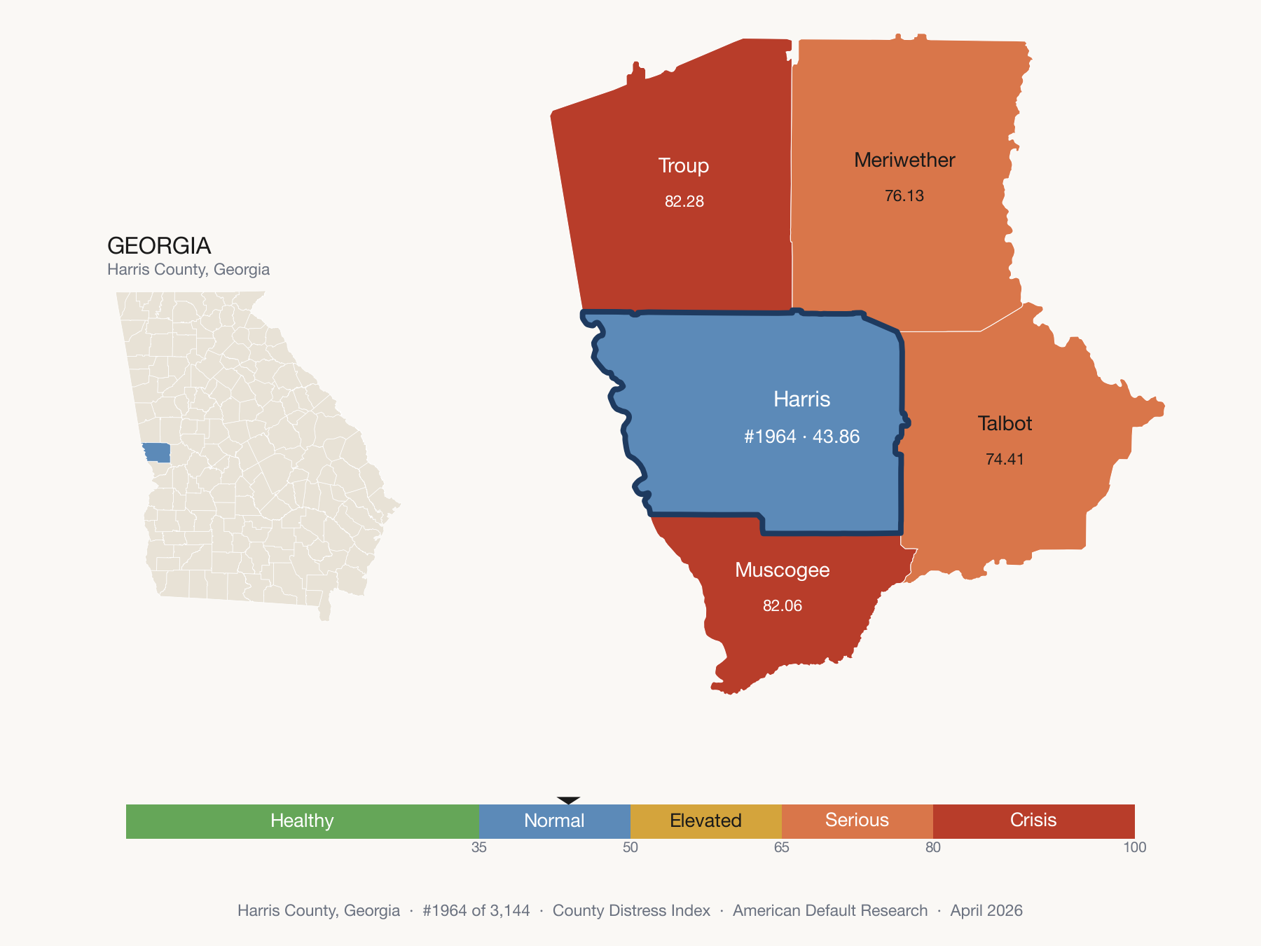 County Distress Index cluster map. Harris County, Georgia and its neighbors colored by distress fifth.
