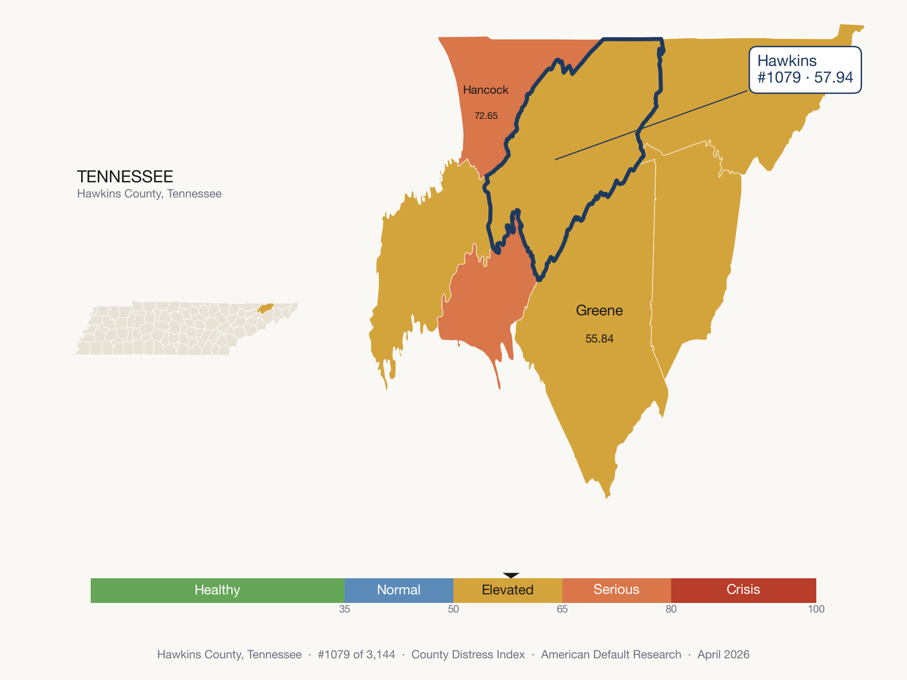 County Distress Index cluster map. Hawkins County, Tennessee and its neighbors colored by distress fifth.