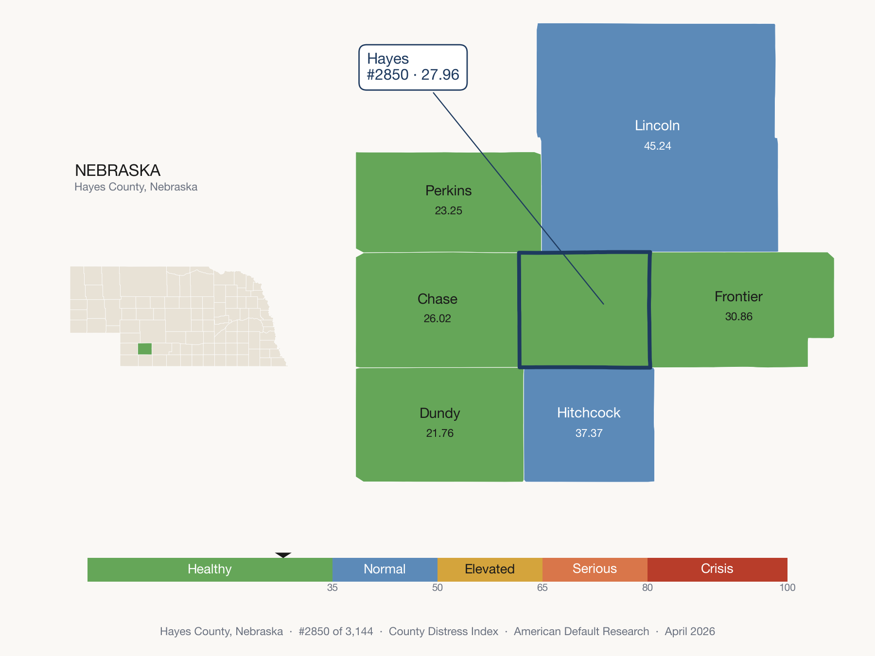 County Distress Index cluster map. Hayes County, Nebraska and its neighbors colored by distress fifth.