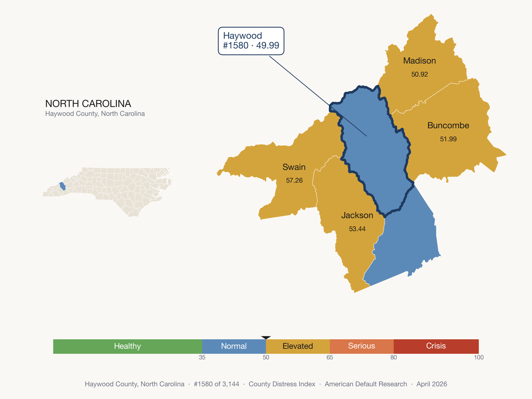 County Distress Index cluster map. Haywood County, North Carolina and its neighbors colored by distress fifth.