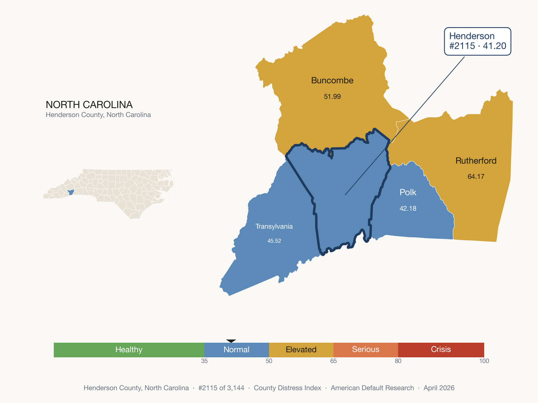 County Distress Index cluster map. Henderson County, North Carolina and its neighbors colored by distress fifth.