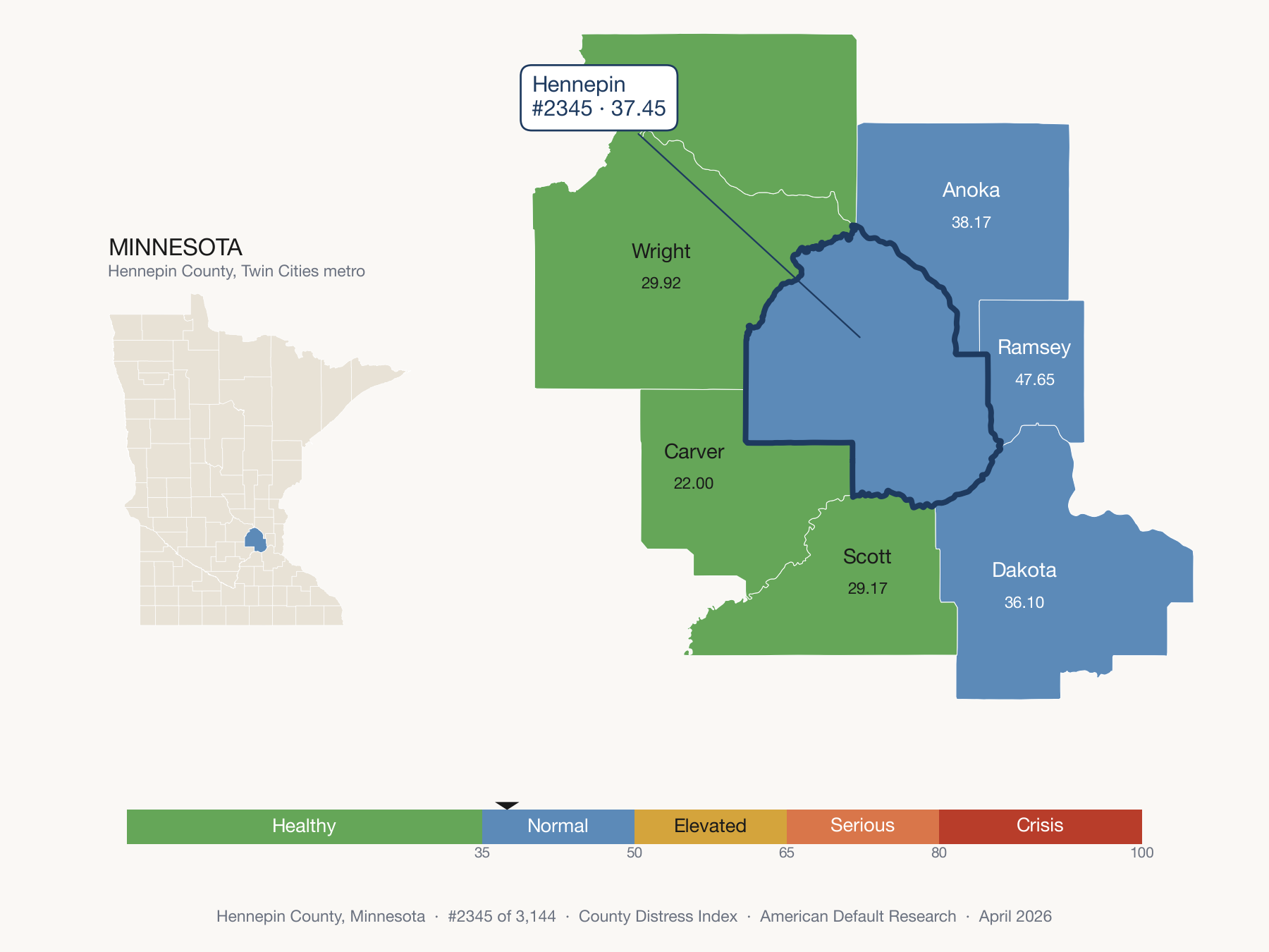 County Distress Index cluster map. Hennepin County, Minnesota and its neighbors colored by distress fifth.
