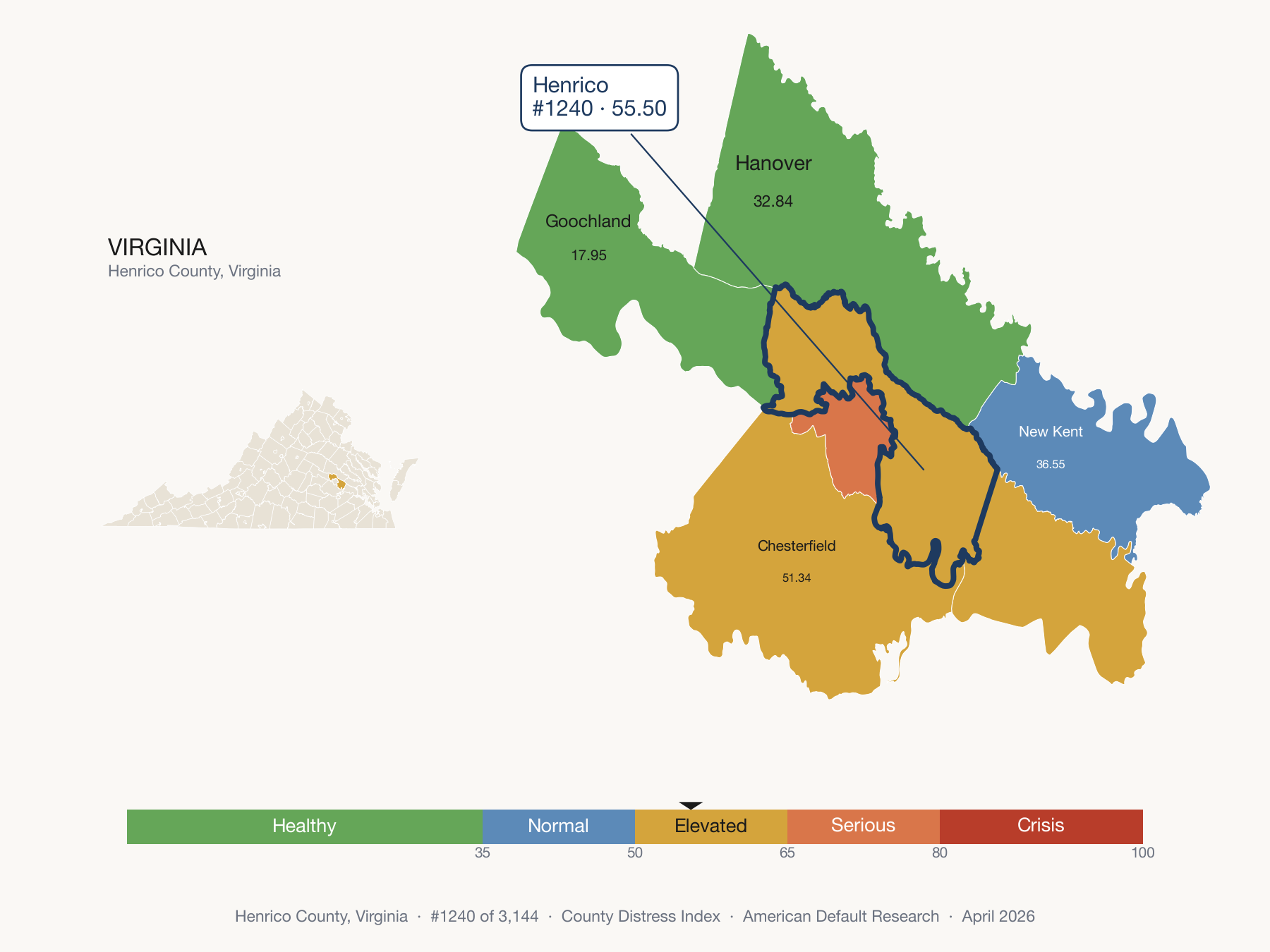 County Distress Index cluster map. Henrico County, Virginia and its neighbors colored by distress fifth.