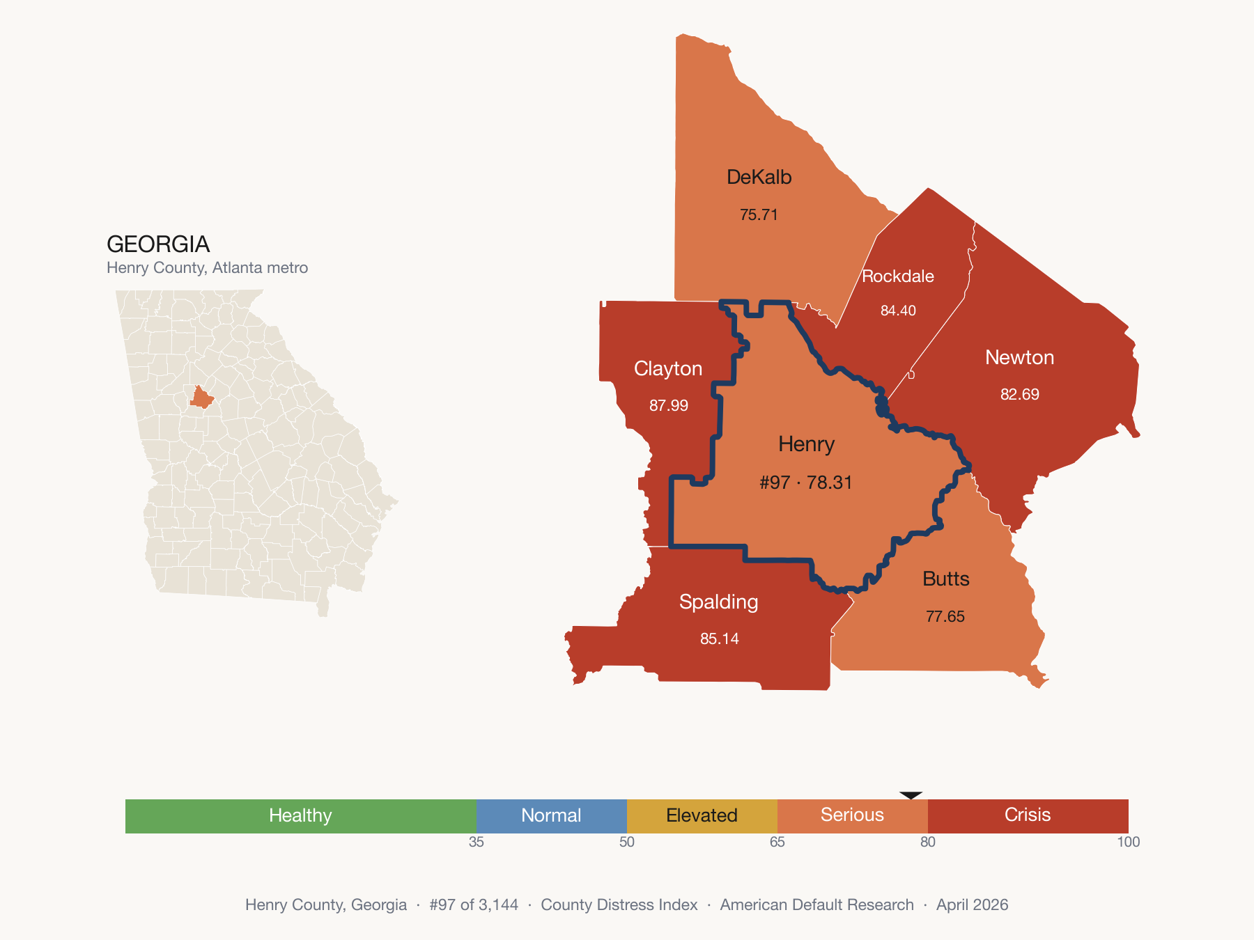 County Distress Index cluster map. Henry County, Georgia and its neighbors colored by distress fifth.