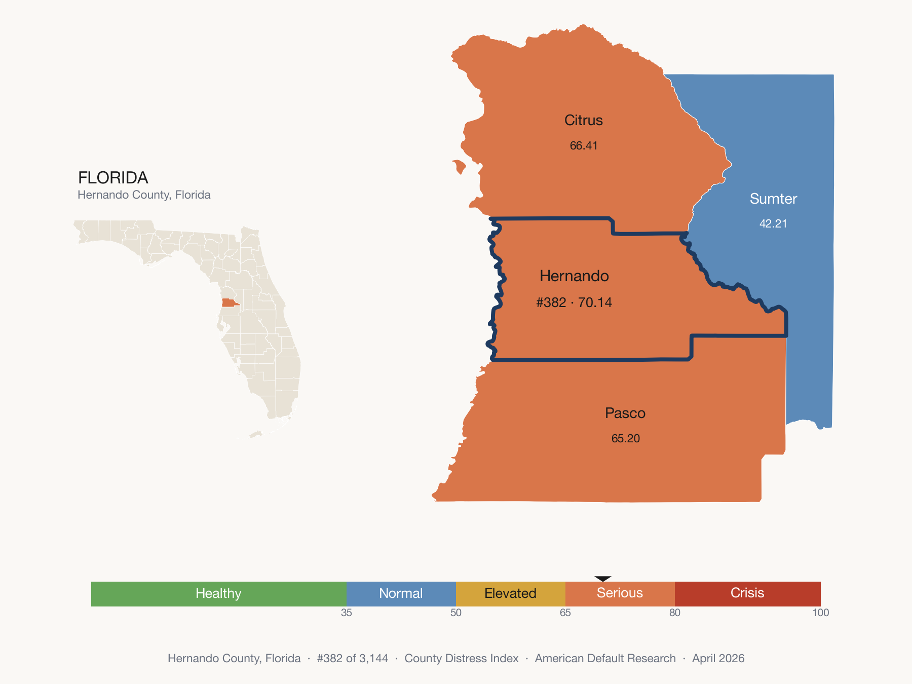 County Distress Index cluster map. Hernando County, Florida and its neighbors colored by distress fifth.