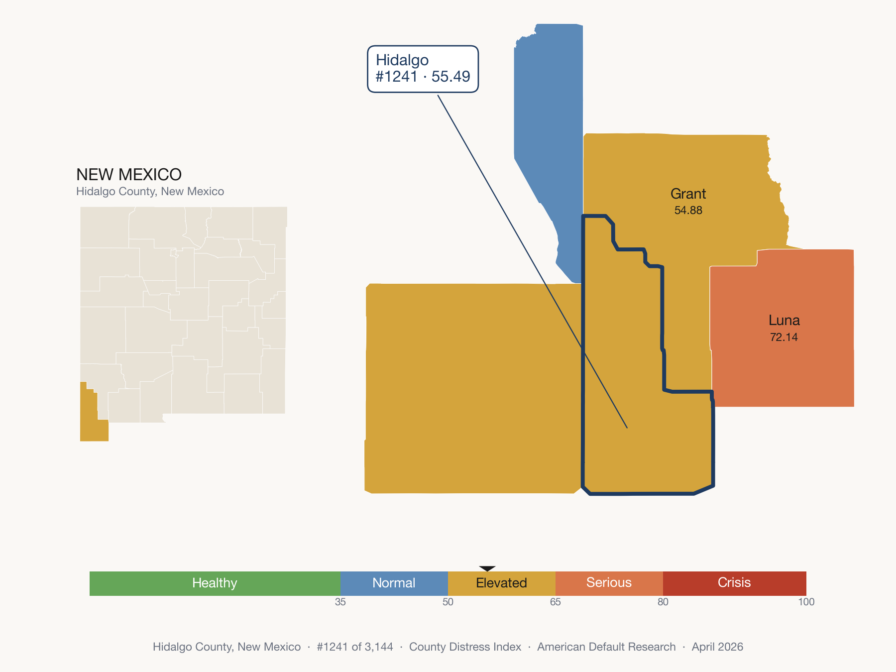 County Distress Index cluster map. Hidalgo County, New Mexico and its neighbors colored by distress fifth.