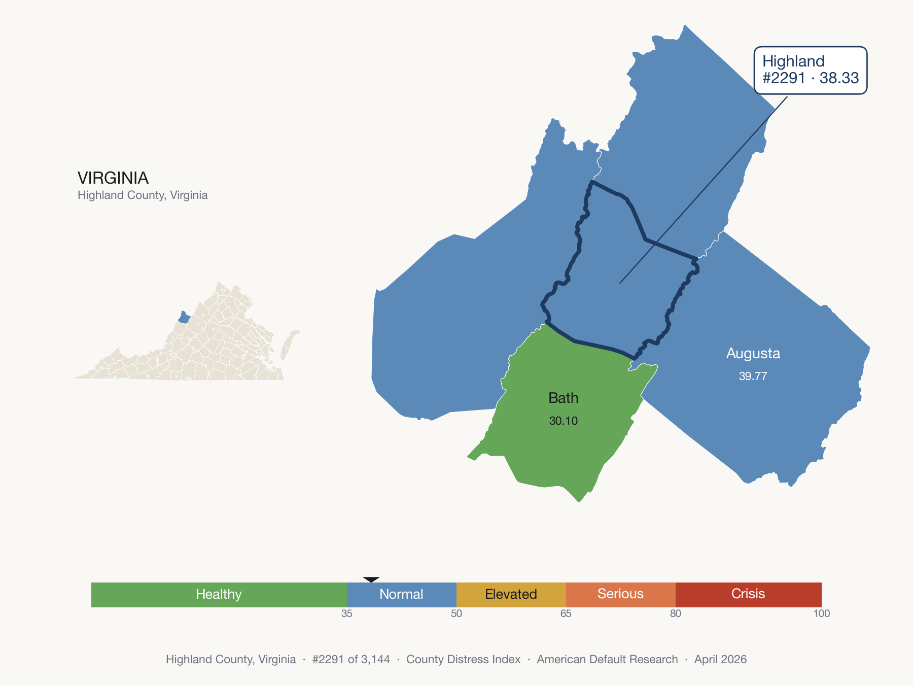 County Distress Index cluster map. Highland County, Virginia and its neighbors colored by distress fifth.