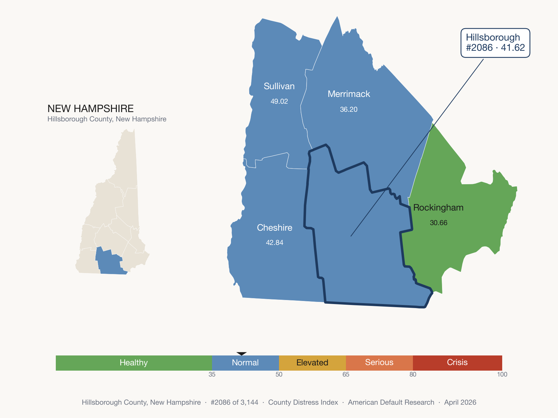 County Distress Index cluster map. Hillsborough County, New Hampshire and its neighbors colored by distress fifth.