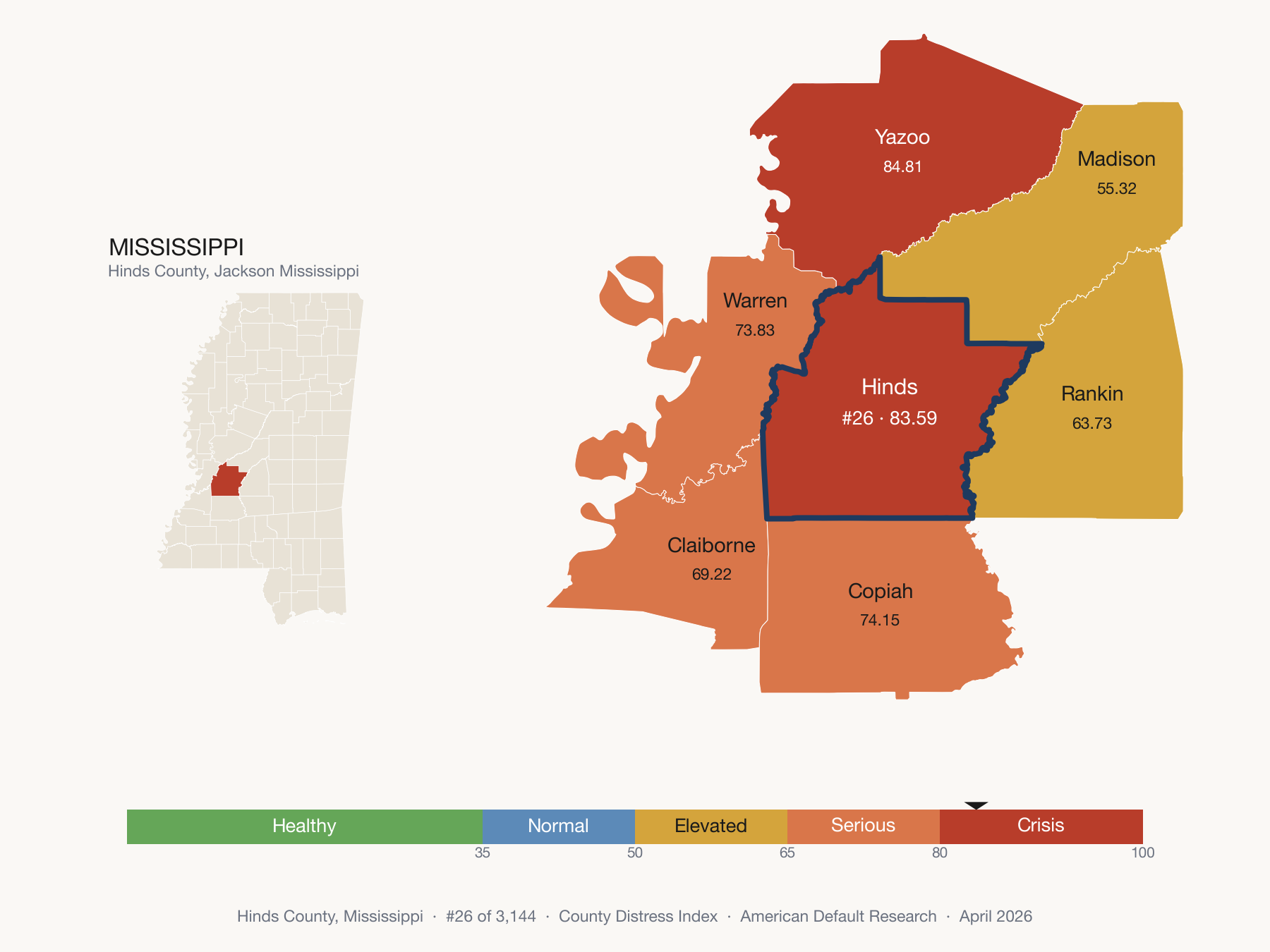 County Distress Index cluster map. Hinds County, Mississippi and its neighbors colored by distress fifth.
