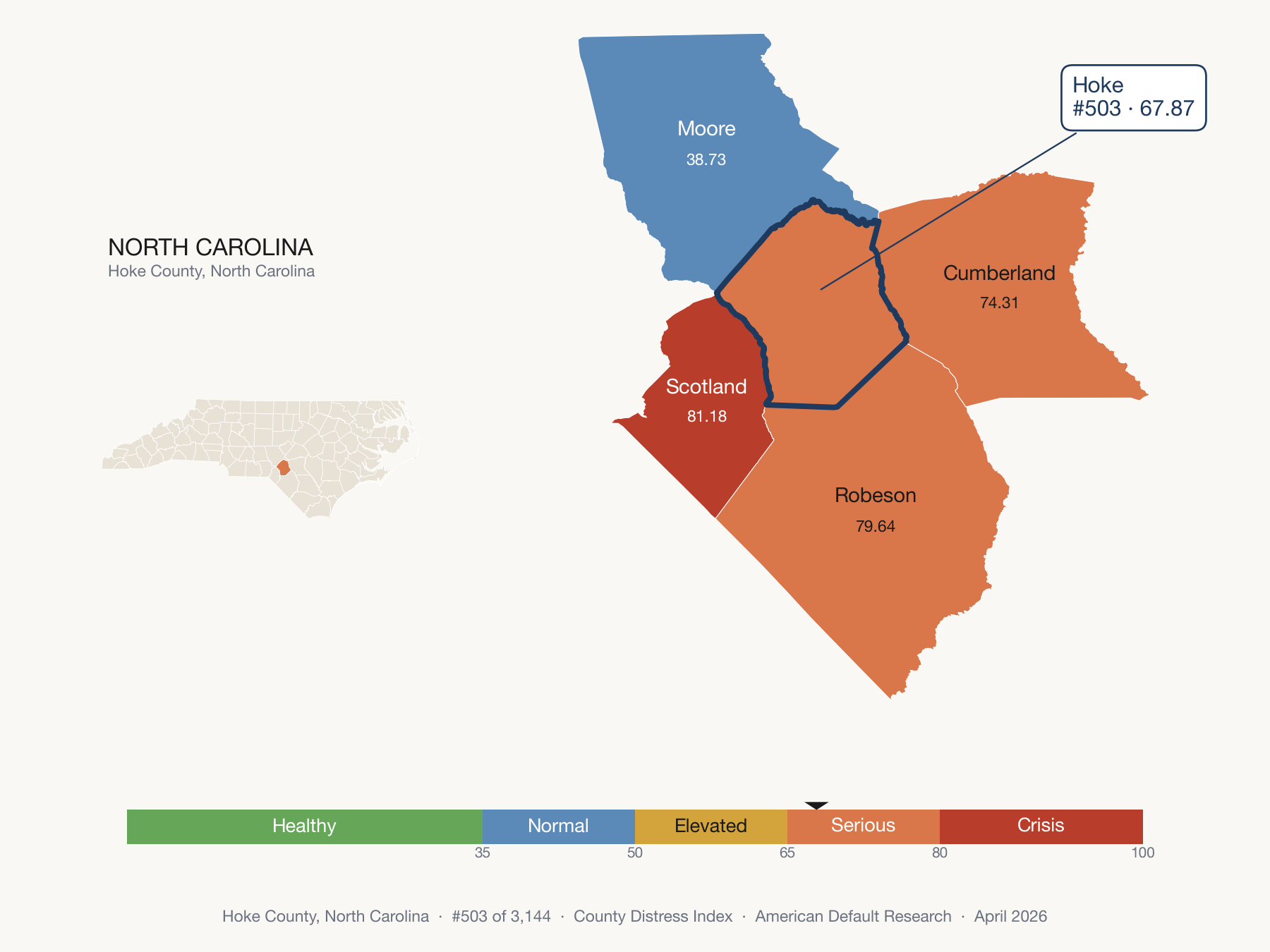 County Distress Index cluster map. Hoke County, North Carolina and its neighbors colored by distress fifth.