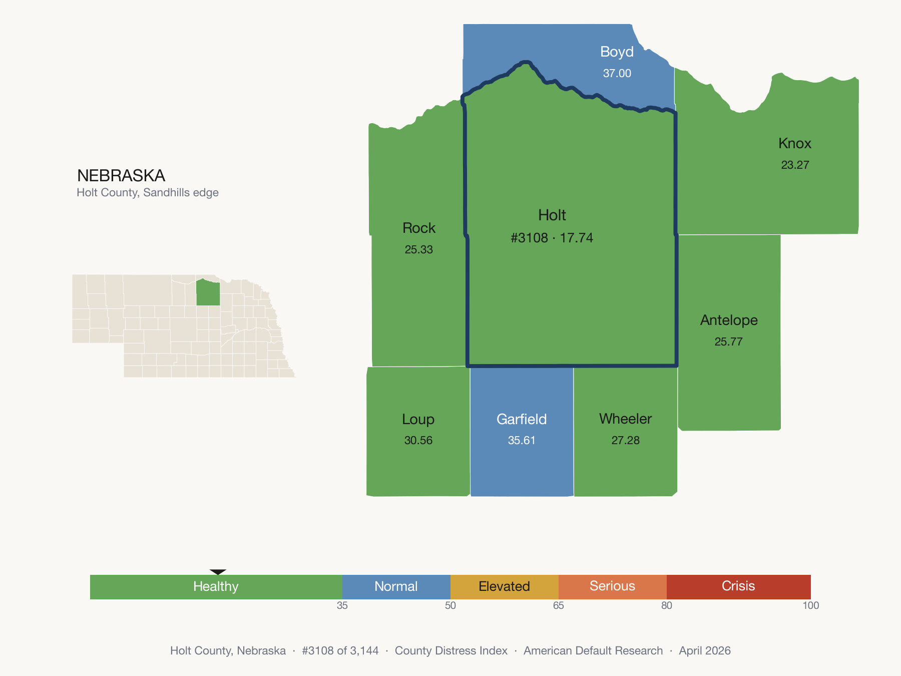 County Distress Index cluster map. Holt County, Nebraska and its neighbors colored by distress fifth.