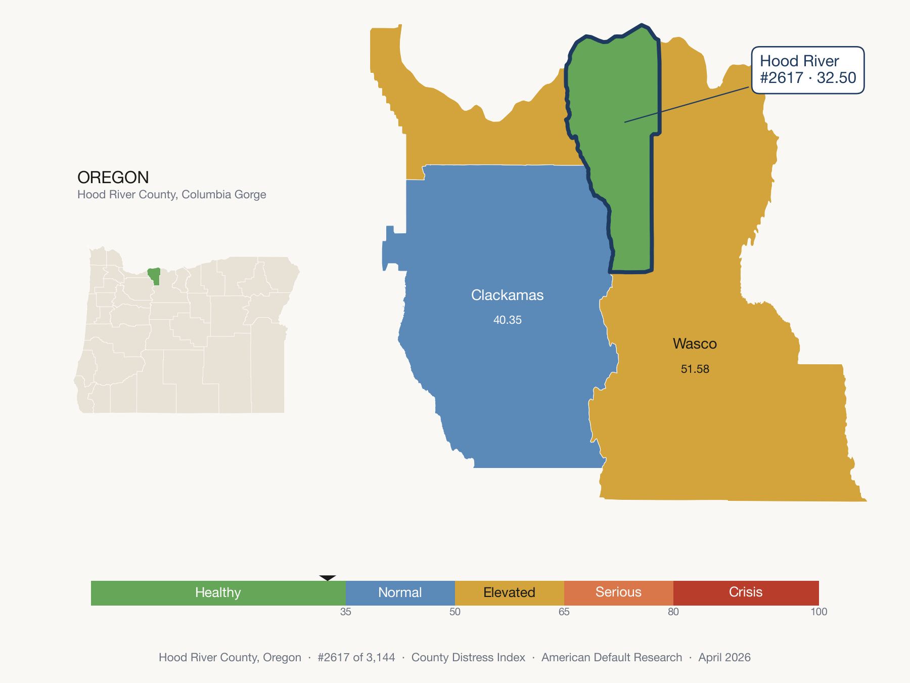 County Distress Index cluster map. Hood River County, Oregon and its neighbors colored by distress fifth.