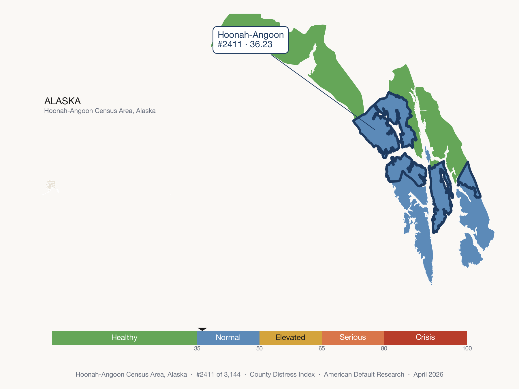 County Distress Index cluster map. Hoonah-Angoon Census Area, Alaska and its neighbors colored by distress fifth.