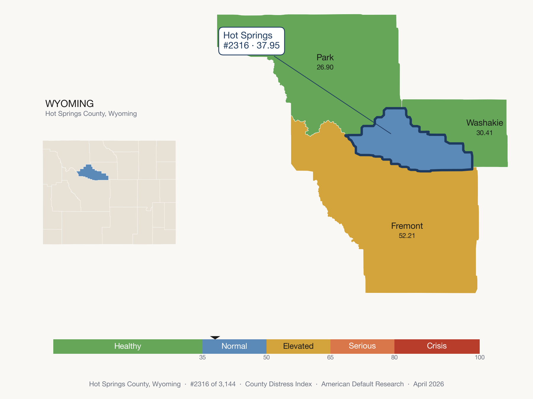 County Distress Index cluster map. Hot Springs County, Wyoming and its neighbors colored by distress fifth.