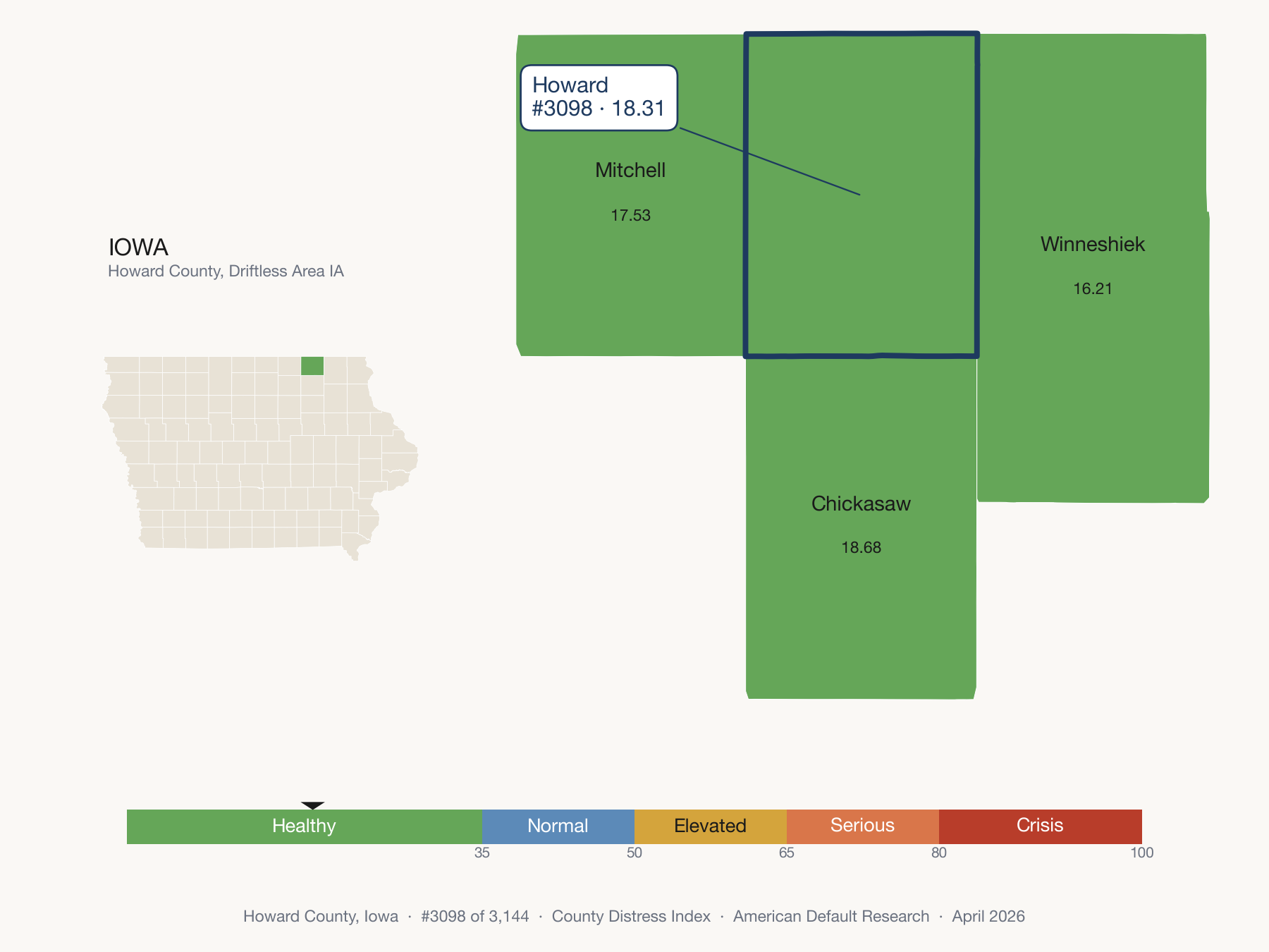 County Distress Index cluster map. Howard County, Iowa and its neighbors colored by distress fifth.