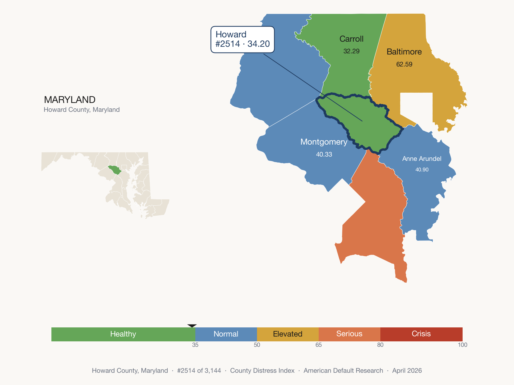 County Distress Index cluster map. Howard County, Maryland and its neighbors colored by distress fifth.