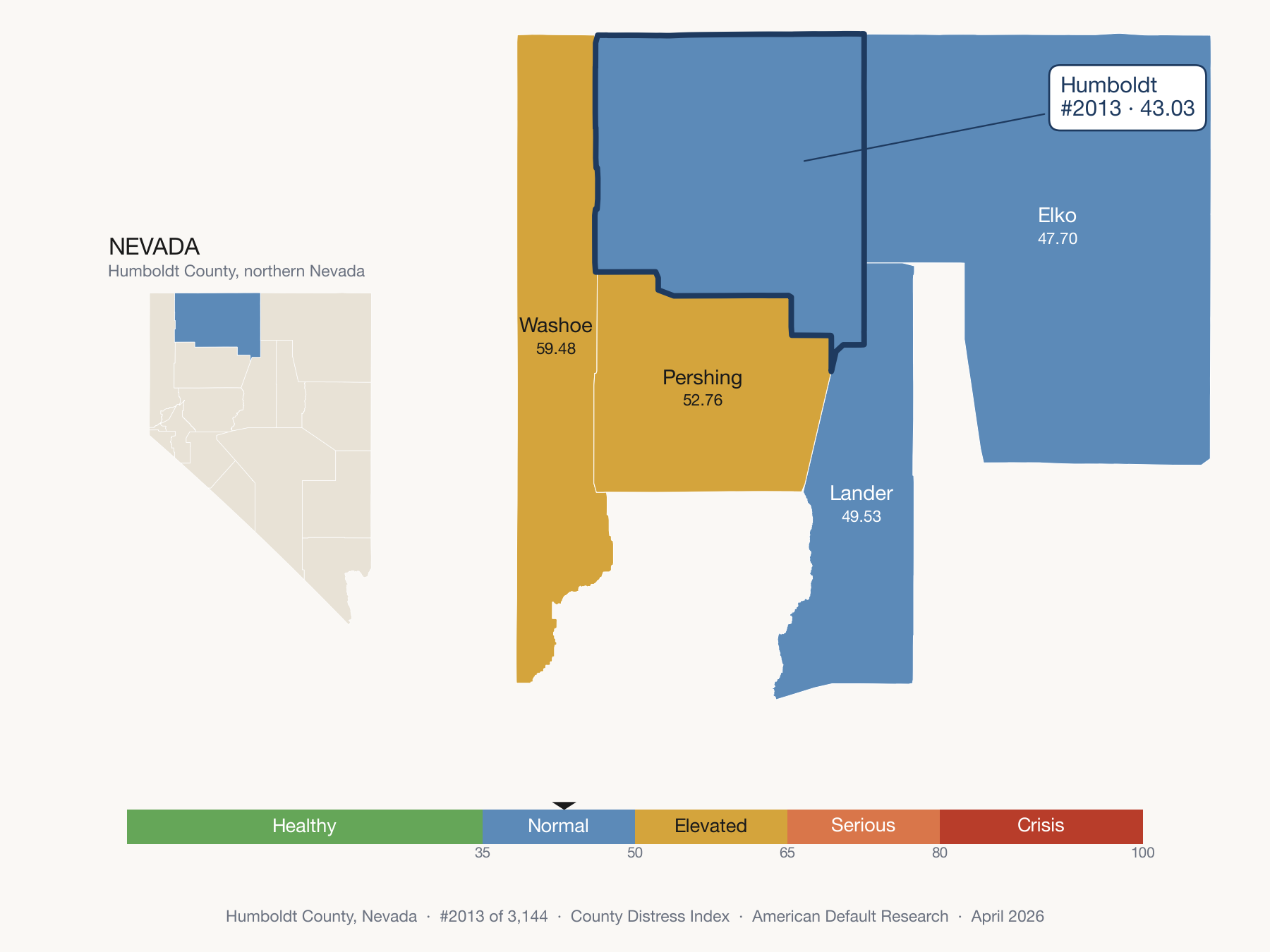 County Distress Index cluster map. Humboldt County, Nevada and its neighbors colored by distress fifth.