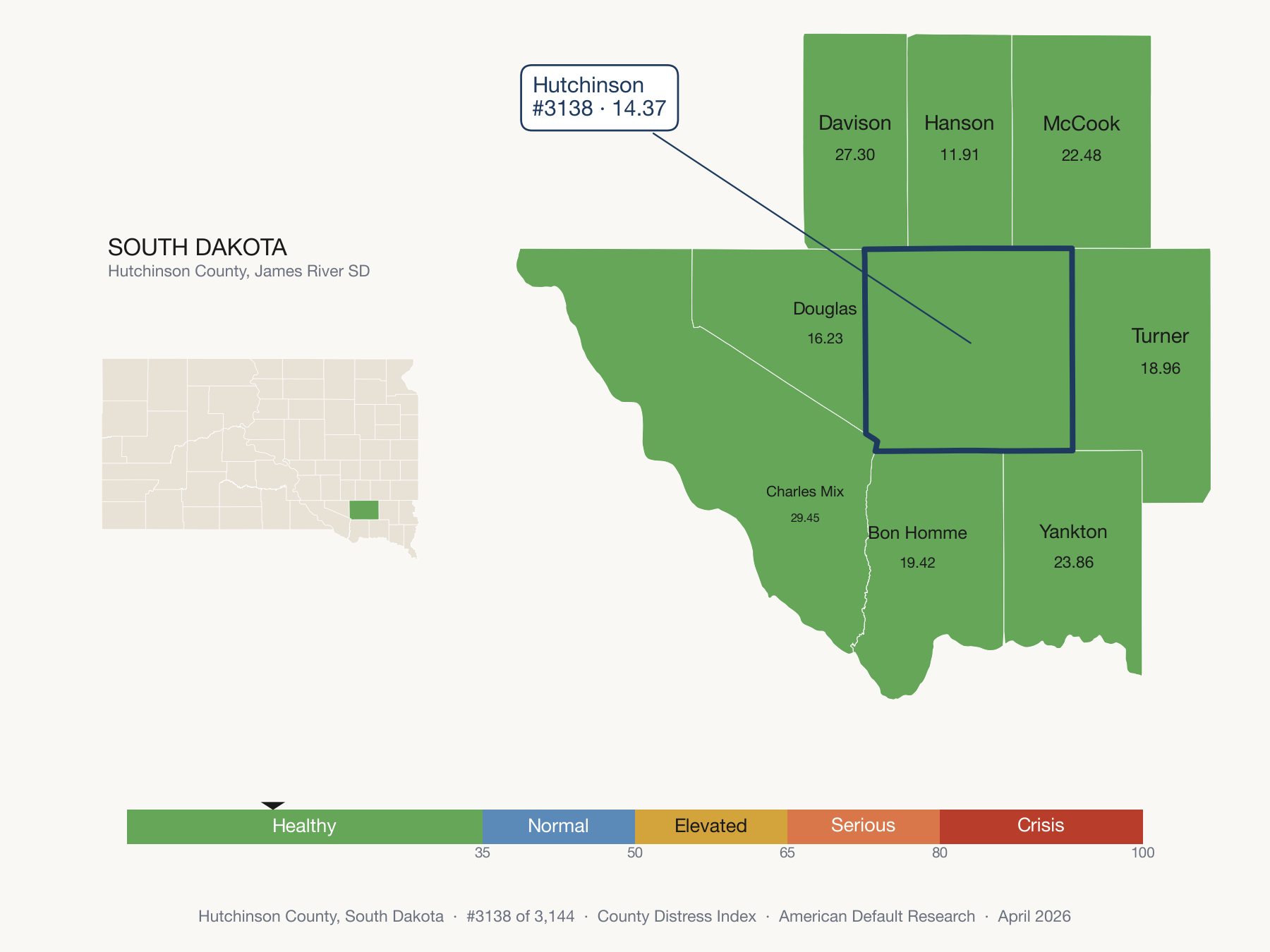 County Distress Index cluster map. Hutchinson County, South Dakota and its neighbors colored by distress fifth.