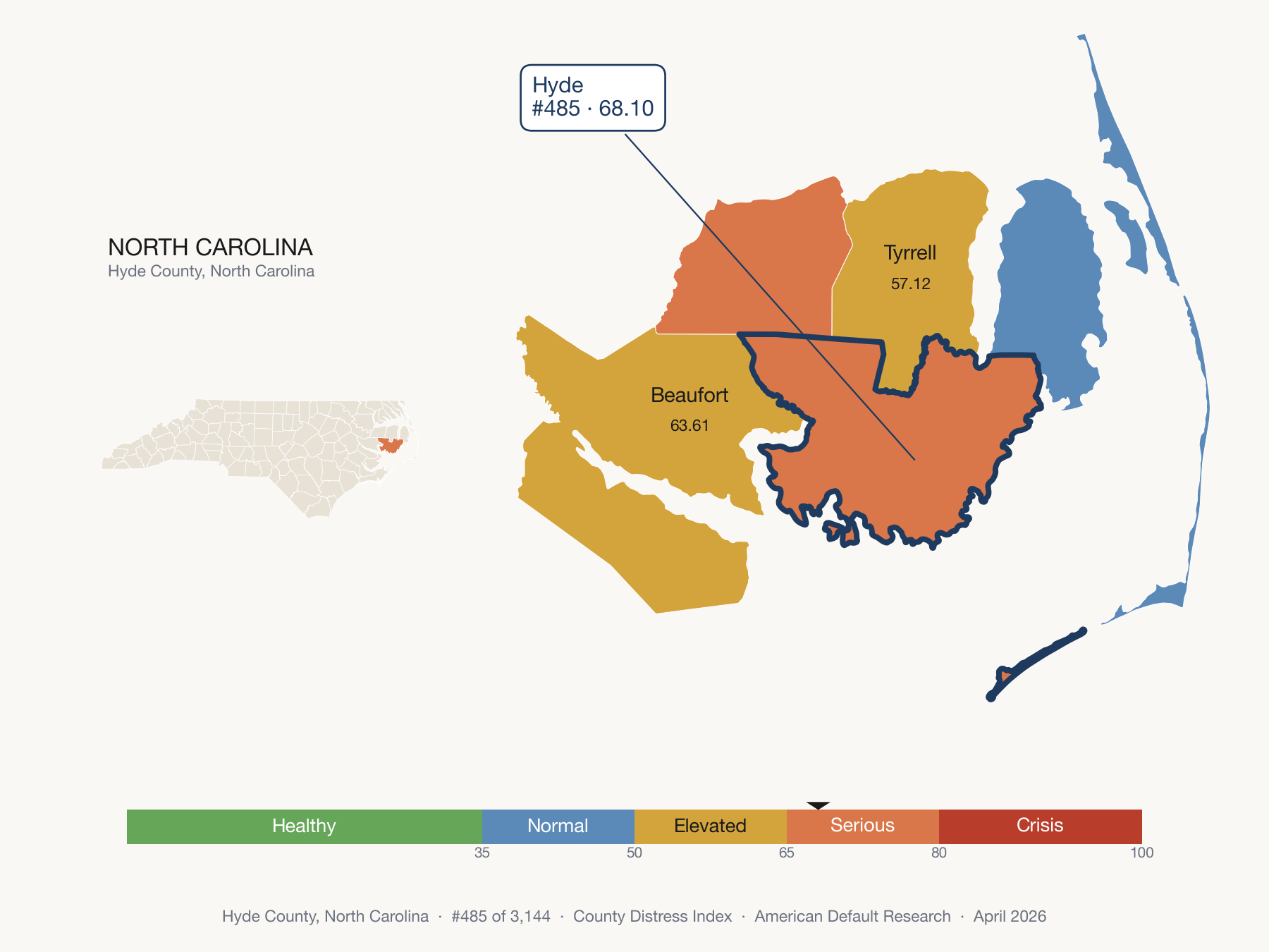 County Distress Index cluster map. Hyde County, North Carolina and its neighbors colored by distress fifth.