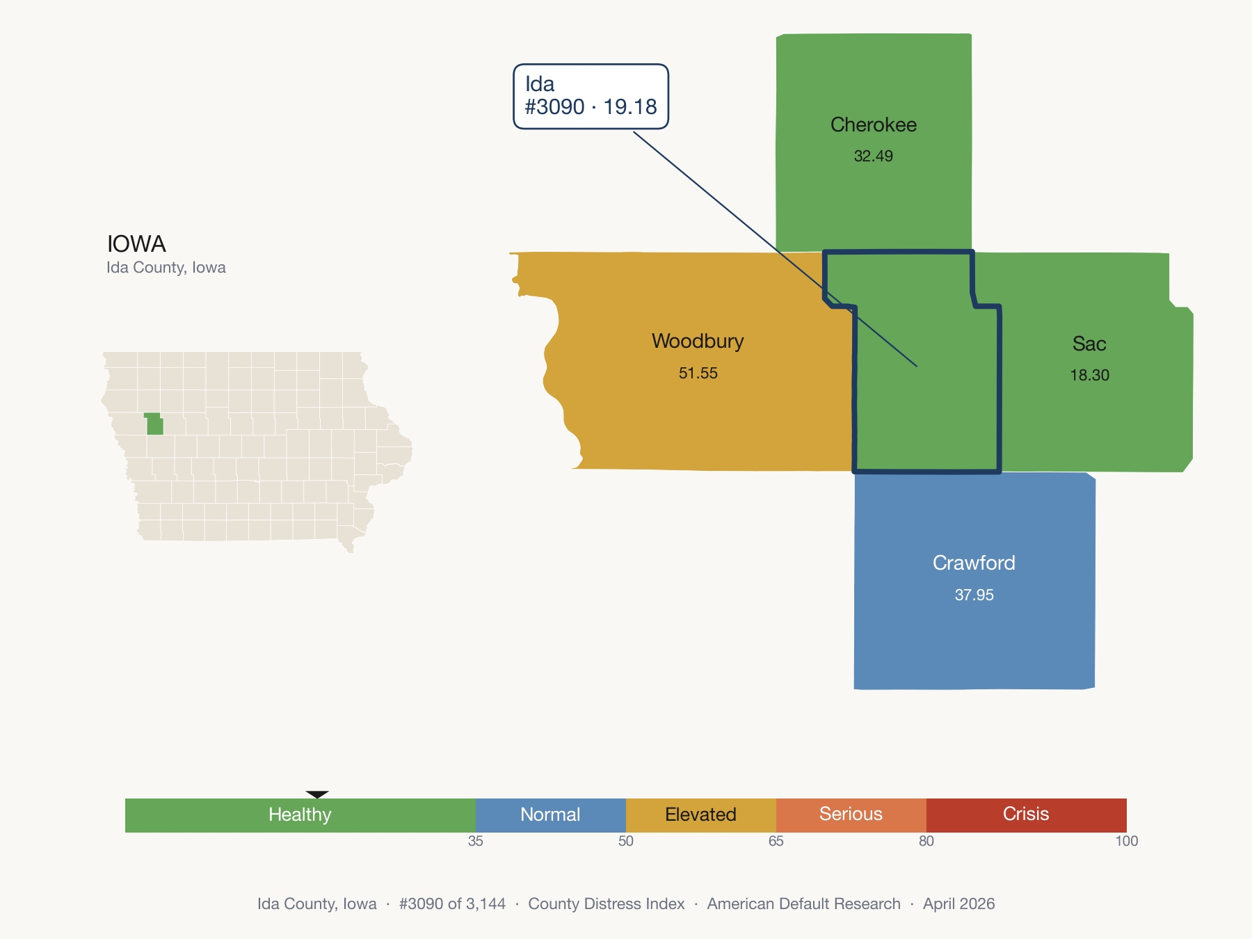 County Distress Index cluster map. Ida County, Iowa and its neighbors colored by distress fifth.