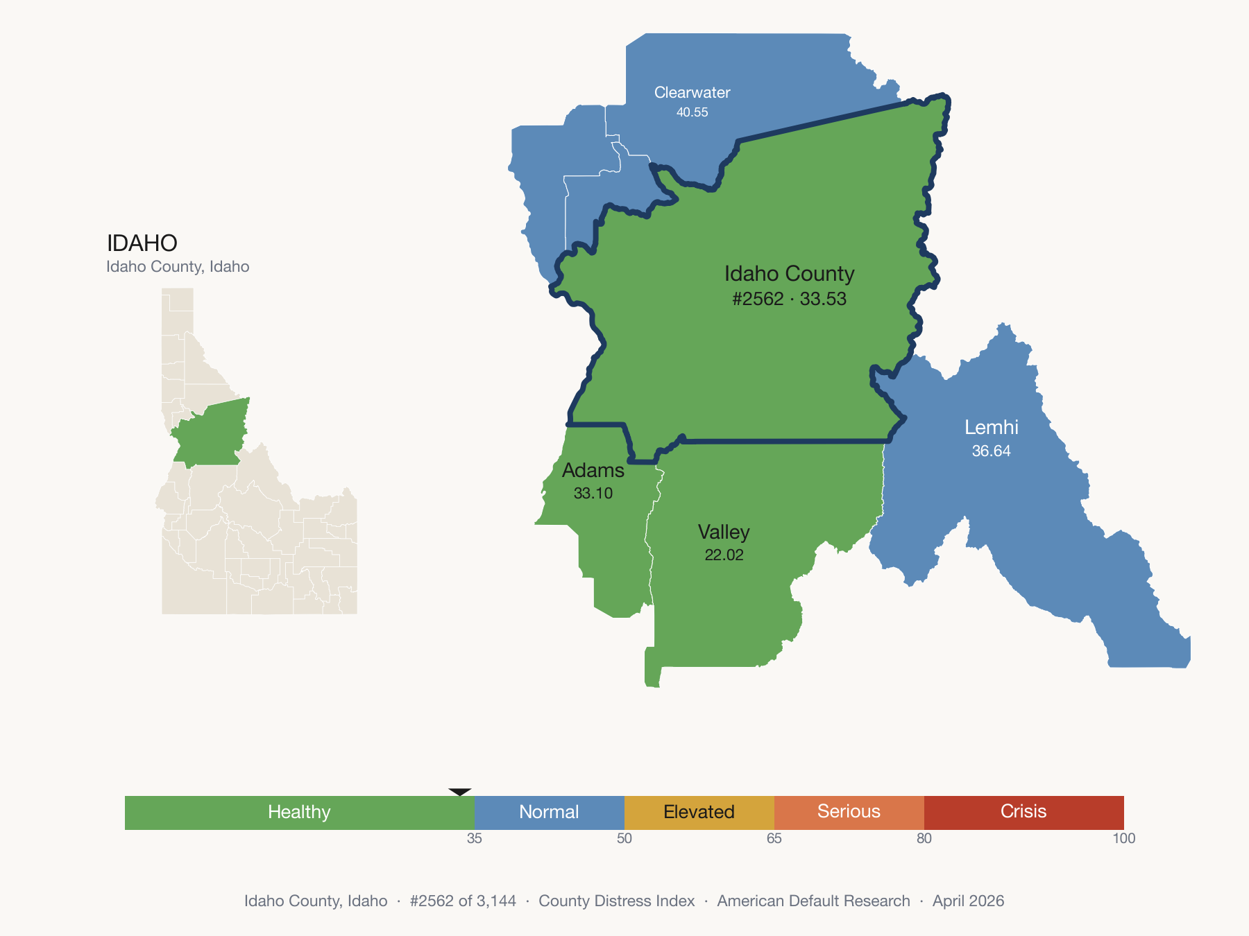 County Distress Index cluster map. Idaho County, Idaho and its neighbors colored by distress fifth.