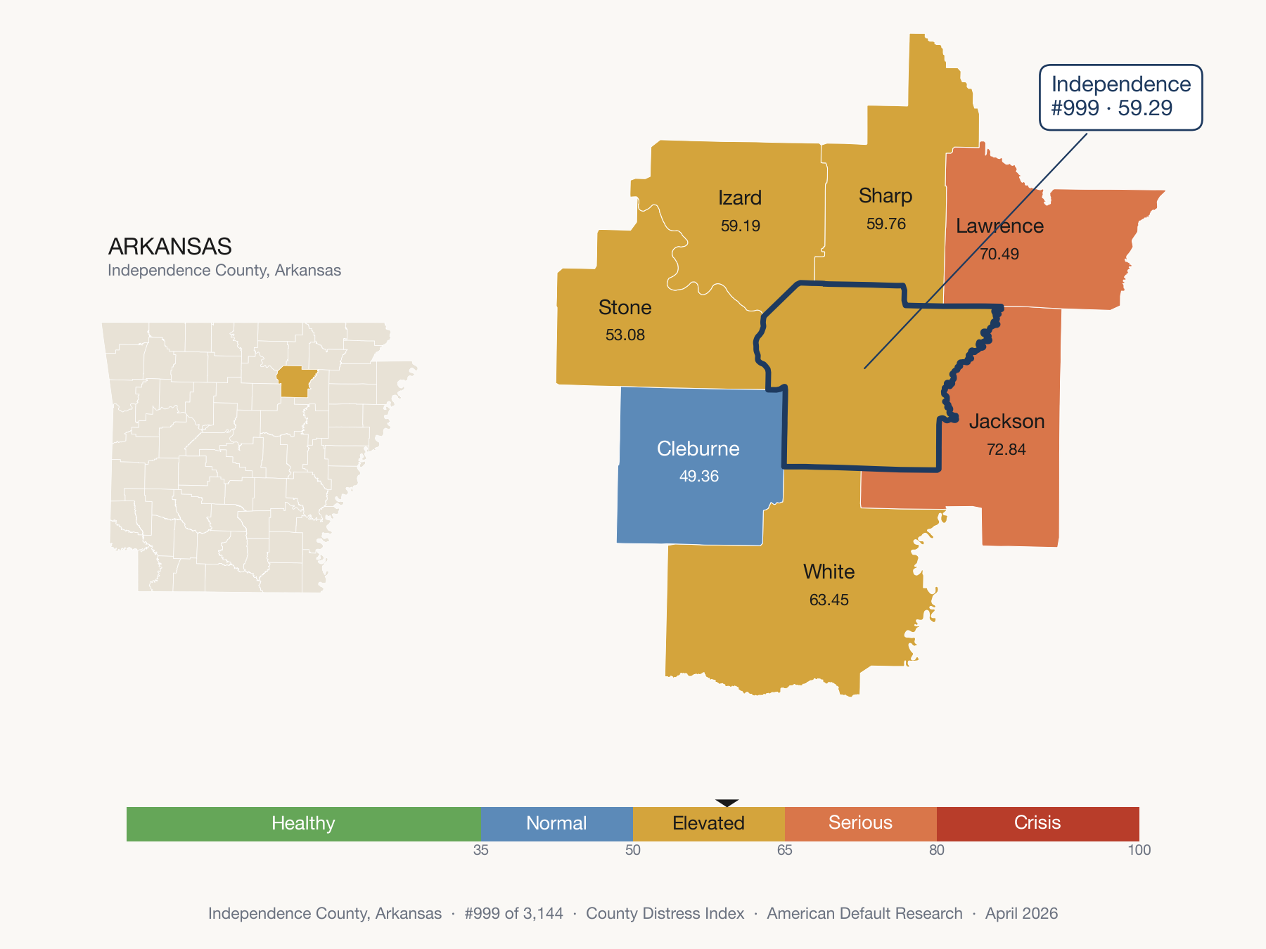 County Distress Index cluster map. Independence County, Arkansas and its neighbors colored by distress fifth.